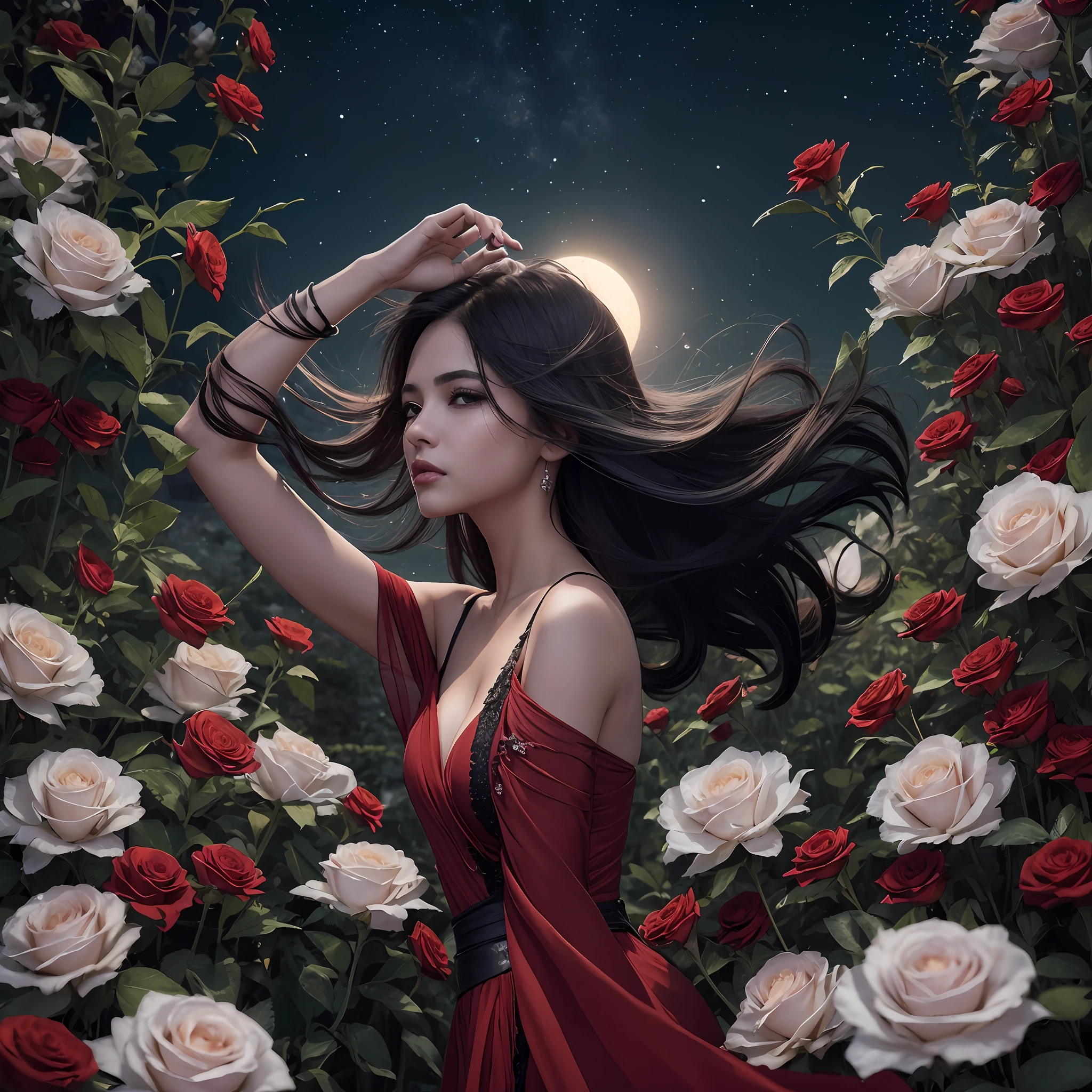action film,8k, ultra qualidade, Poses elegantes,Senhora das Sombras, Beautiful woman, grandes olhos negros, olhar triste, scarlet lips, pale skin, long black hair fluttering in the wind, vestido negro com renda dourada, Elegant black gloves on the hands, joias elegantes em roupas e cabelos, Standing in the field of roses, noite, night sky, lua brilhante enorme, luar frio, attention to detail, alta qualidade, master part