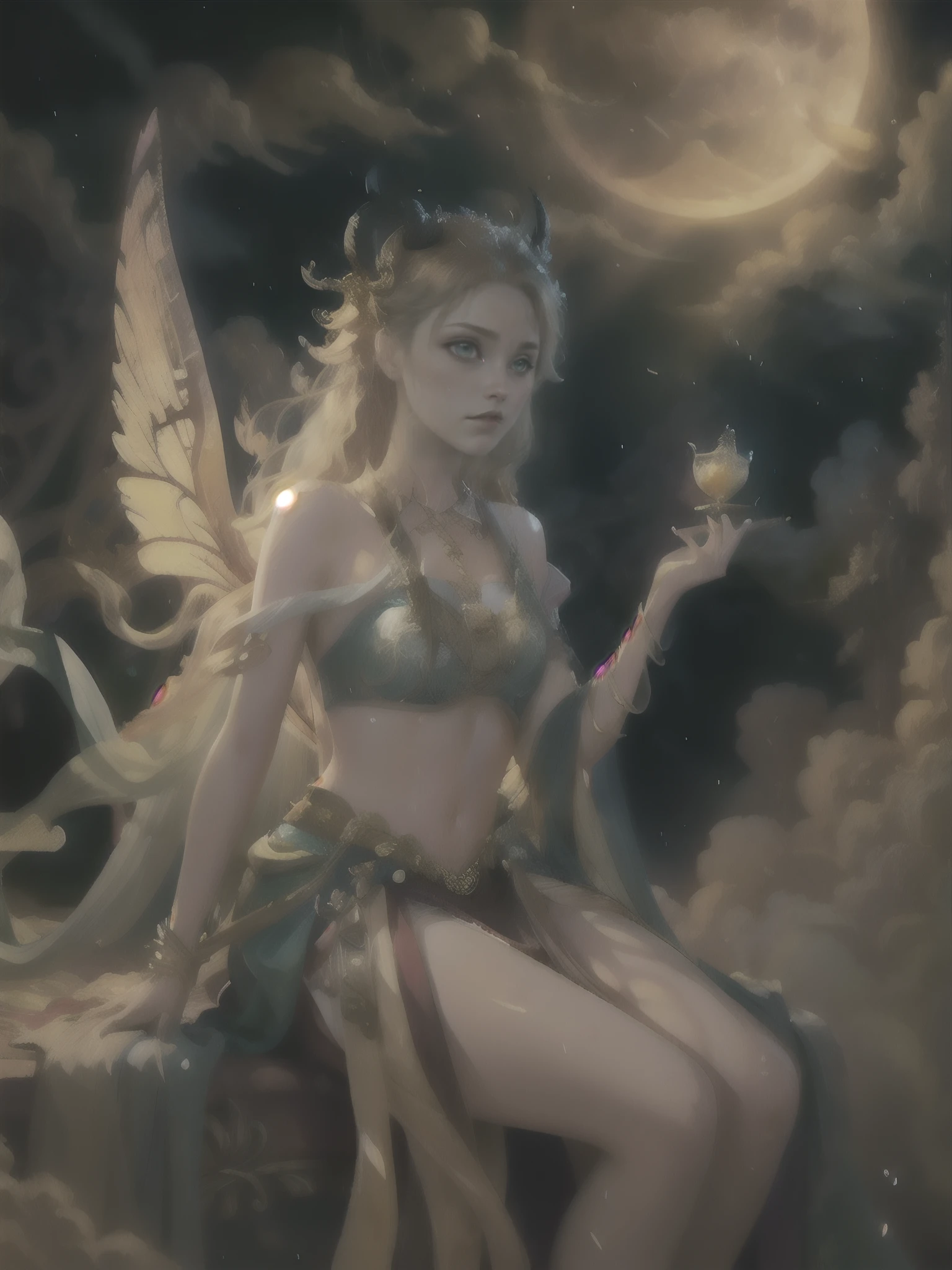 ((best quality)), ((masterpiece)), (detailed), realistic eyes, blonde, gold skimpy lingerie, greek landscape, alluring succubus, ethereal beauty, perched on a pink blossom tree, (fantasy illustration:1.3), enchanting gaze, captivating pose, solo girl, delicate butterfly wings, otherworldly charm, mystical sky, (Luis Royo:1.2), (Yoshitaka Amano:1.1), moonlit night, soft colors, (detailed cloudscape:1.3), (high-resolution:1.2) (dragon flying in the sky) dress, legs dangling above pond, greek goddess, realistic, realism, sexy body, glowing torches,