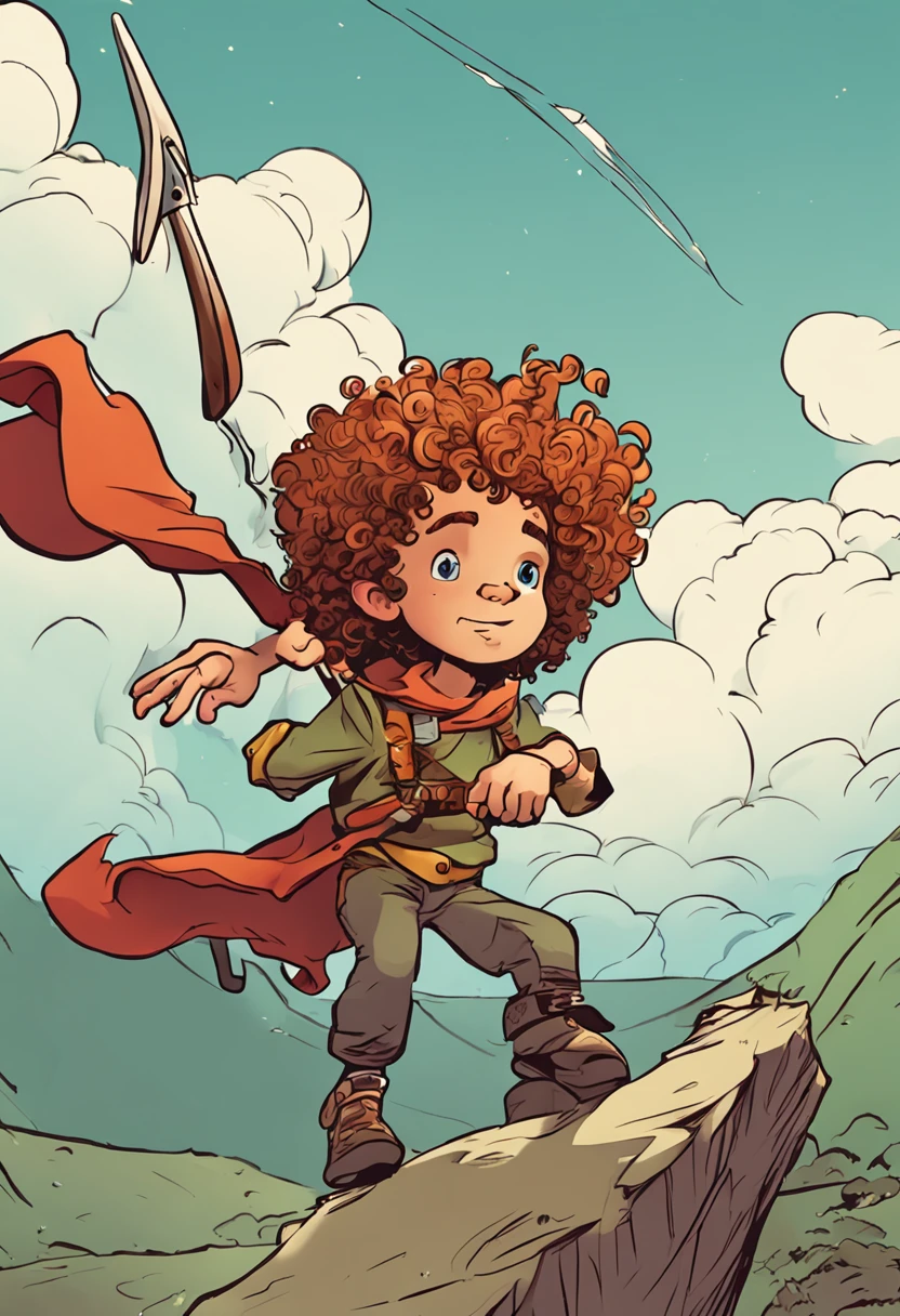 curly-haired child, estilo cartoon, segurando uma espada toda de madeira, Adventure scenario, montanhas, blue skies, dragon flying