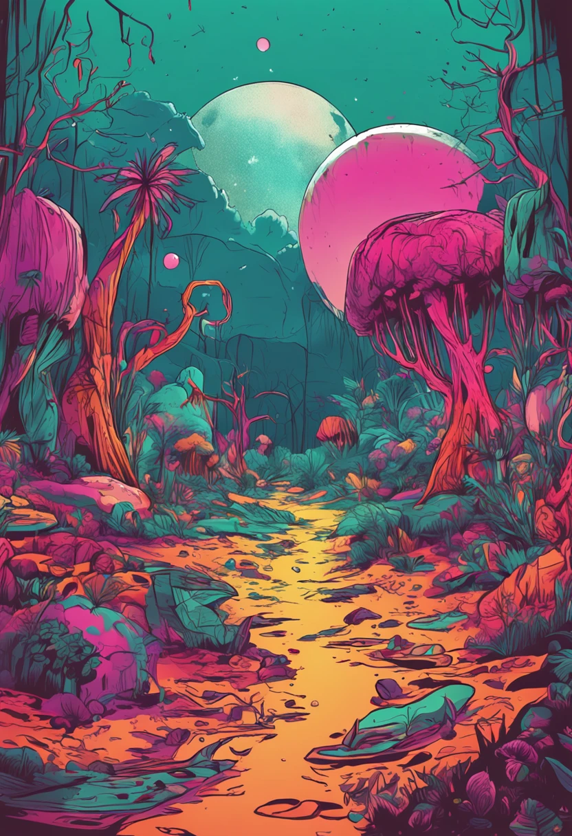 A party in the woods with a psychedelic theme