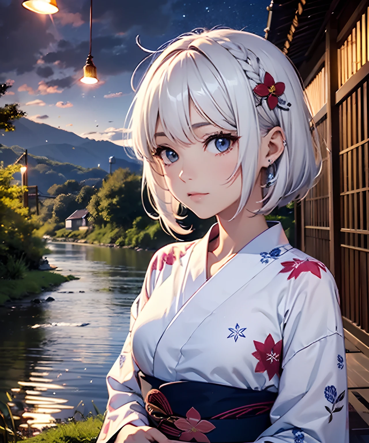 master part, illusion, extremely high quality, Noite, noite nublada, Oborotsuki, ((Pirilampos)), ((Rural area)), (Rural area), River surface, mulher adulta em yukata, nevoeiro vespertino espesso, nevoeiro vespertino fluindo, gelo seco, nevoeiro espesso, confession, lamentar, Sunniness, short shoulder-length white hair, Brilho do cabelo, Depois da chuva, corpo inteiro, Overhead, lanterna da pia, tristeza, separation, MEMORIES, Pensamentos
