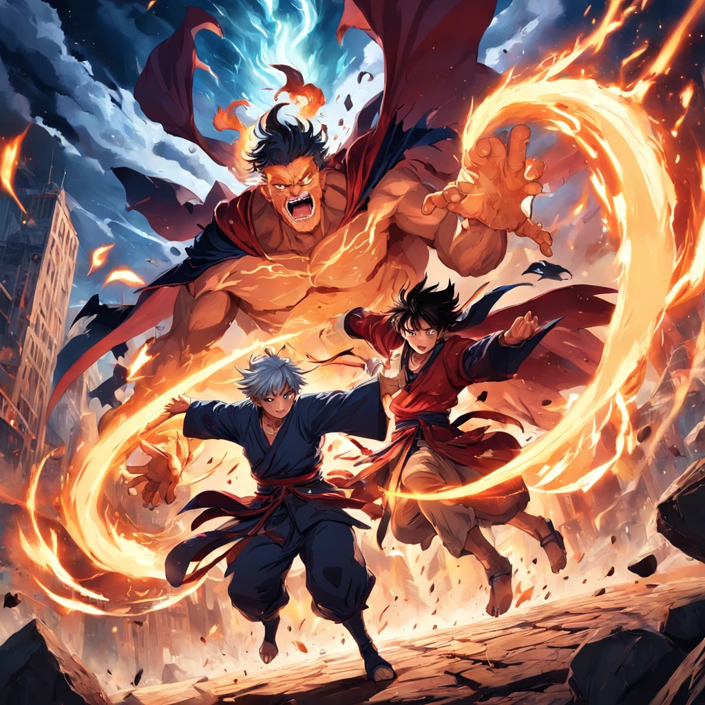 Create an exciting poster with two wizards fighting in a fit of rage. Capture the essence of his fiery determination and unyielding spirit as he unleashes his wrath on his enemies. Mantenha-o curto, ousado, e intenso para transmitir o poder bruto da raiva dos magos