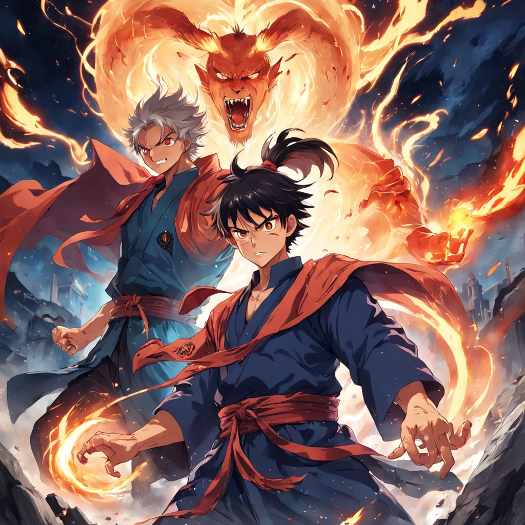 Create an exciting poster with two wizards fighting in a fit of rage. Capture the essence of his fiery determination and unyielding spirit as he unleashes his wrath on his enemies. Mantenha-o curto, ousado, e intenso para transmitir o poder bruto da raiva dos magos