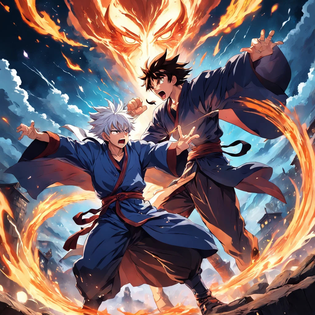 Create an exciting poster with two wizards fighting in a fit of rage. Capture the essence of his fiery determination and unyielding spirit as he unleashes his wrath on his enemies. Mantenha-o curto, ousado, e intenso para transmitir o poder bruto da raiva dos magos