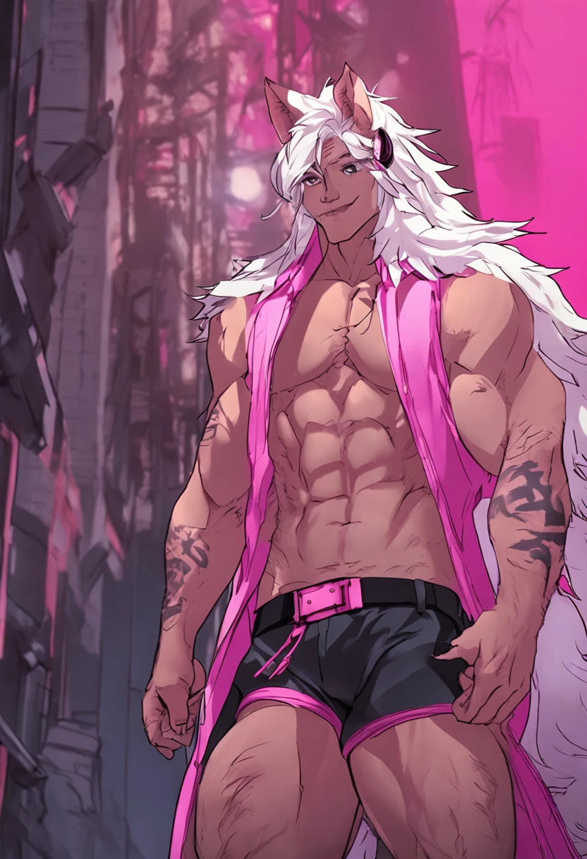 Muscular male wearing cute pink panties and thigh high socks, has flowing white hair, has wolf ears, has wolf tail, wearing lingerie, sweaty, is alone, solo