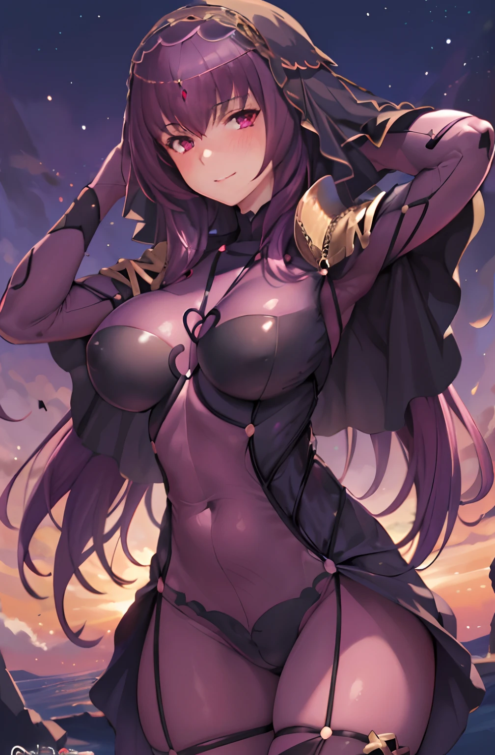 obra maestra, La mejor calidad,1girl,solamente, Scathach \(destino\),purple hair,ojos rojos, armadura,senos grandes, Armadura de hombro, mujer adulta, Milf,  bodysuit,sentada,They are smiling