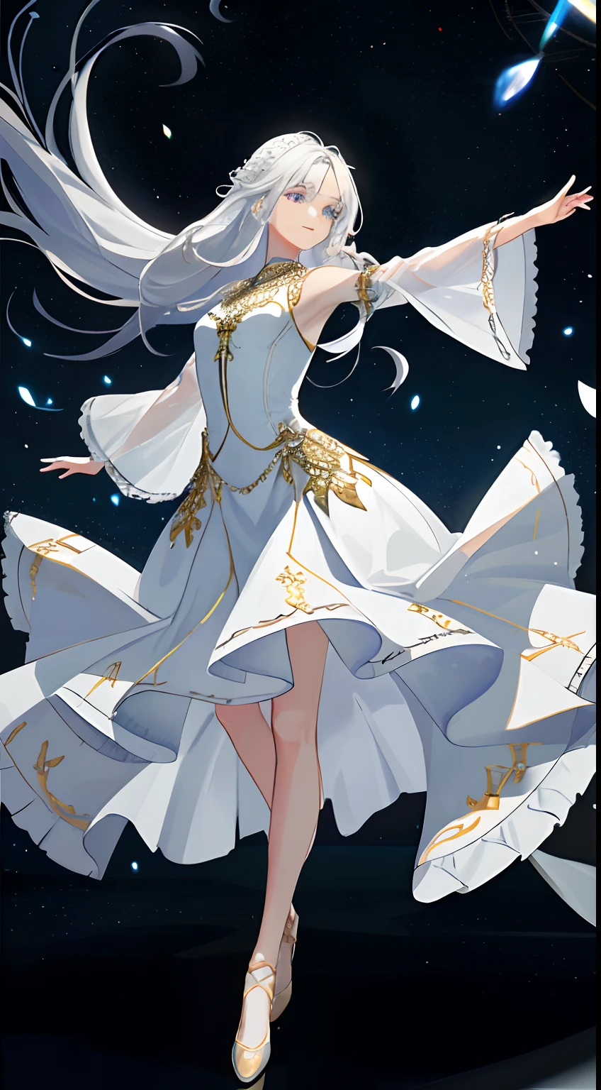 Mature woman,Gorgeous skirt,dances,twirl,long skirt,Dancer,Ruffle your hair,ssmile,long white hair,Full body like,folds,folds,folds,see-through sleeves,long white hair,Messy hair,Movie Angle,floatking,(Beautiful detailed eyes),(Detailed lighting),cinmatic lighting,Beautiful detailed sky,(1girll),(long whitr hair),glowing light eyes,(lighting particle),(painting of a),rich colours,Elegant dance,twirl