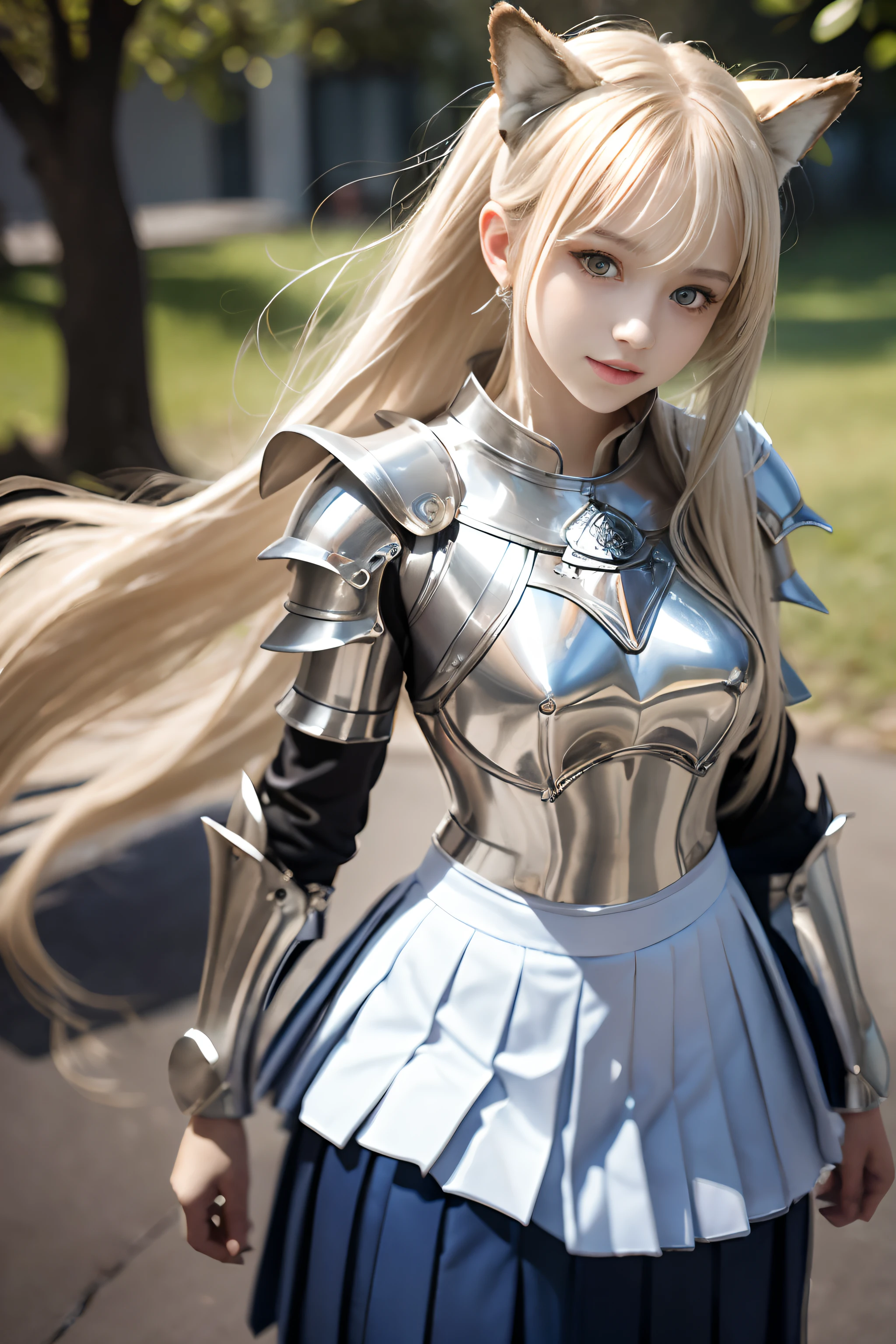 bright expression、poneyTail、Young shiny shiny white shiny skin、Best Looks、Blonde reflected light、Platinum blonde hair with dazzling highlights、shiny light hair,、Super long silky straight hair、Beautiful bangs that shine、Glowing crystal clear attractive big blue eyes、Very beautiful nice cute 16 year old girl、Lush bust,Beautiful detailed eyes, beautiful detailed nose,(( Full body:1.25)),Makeup that the eyes emphasize、((Pleated skirt with many folds)),(Women like Joan of Arc)、s Armor、Knights, With a sword and shield,Royal style,Comic style, , Sub-surface scattering, ornate detail, nature backdrop, Hyper-realistic, Cinematic, Dramatic Lighting, masutepiece、Armor with a wolf motif、((Wolf ears))、