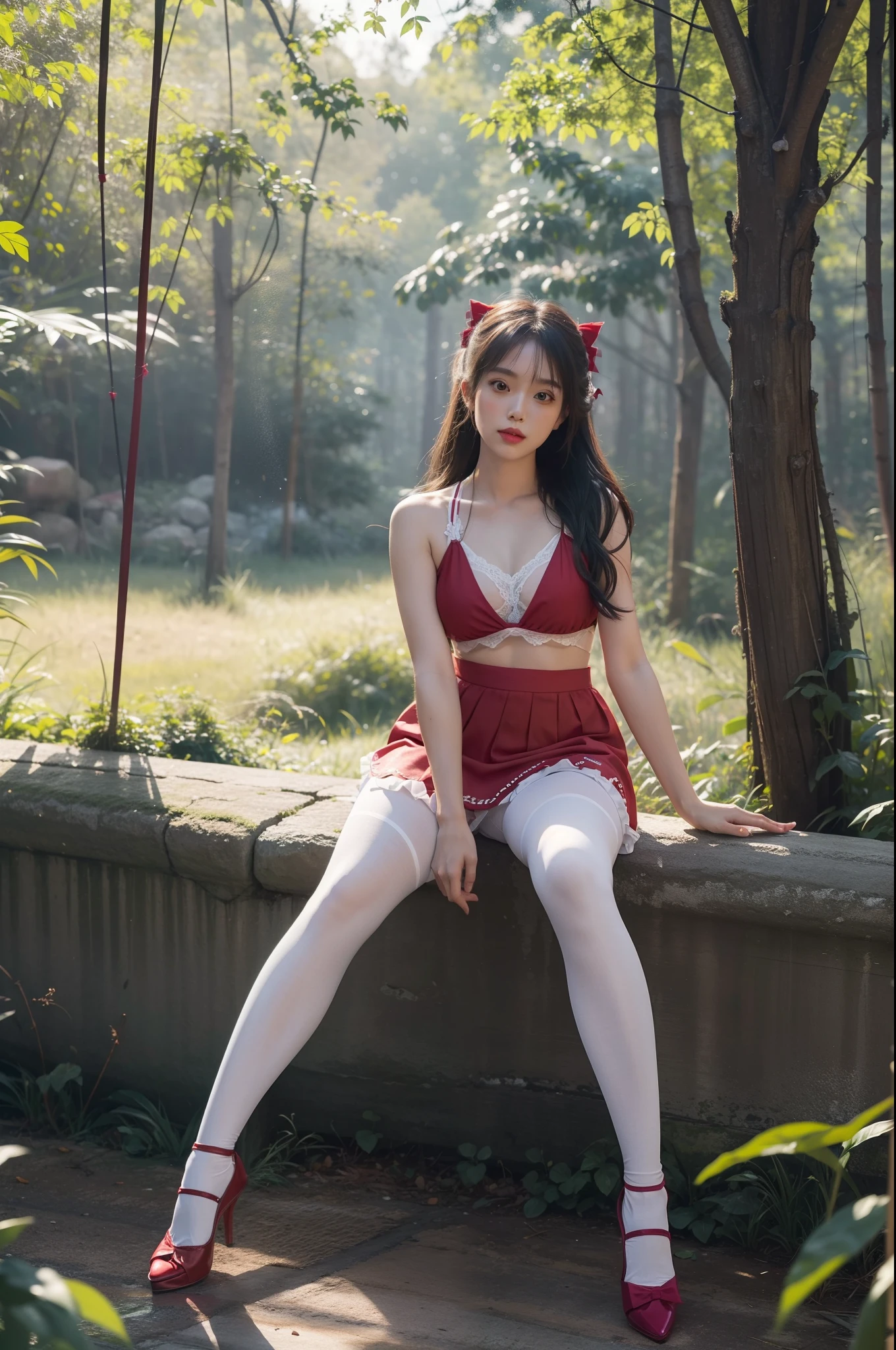 (full body:1.5)，(1girl:1.3),(view the viewer:1.4)，(anatomy correct:1.3),(Sitting in the forest dancing and dancing:1.2),(Wearing a Reimu Hakurei set:1.2),(Opaque green pantyhose:1.3),( girl pointed thick heels :1.1)，(Accurate and perfect face:1.3),(Long legs:1.3),hyper HD, Ray traching, reflective light， structurally correct, Award-Awarded, high detail, lighten shade contrast, Face lighting ，cinematic lighting, masterpiece, super detailing, high quality, high detail, best quality, 16k，High contrast,