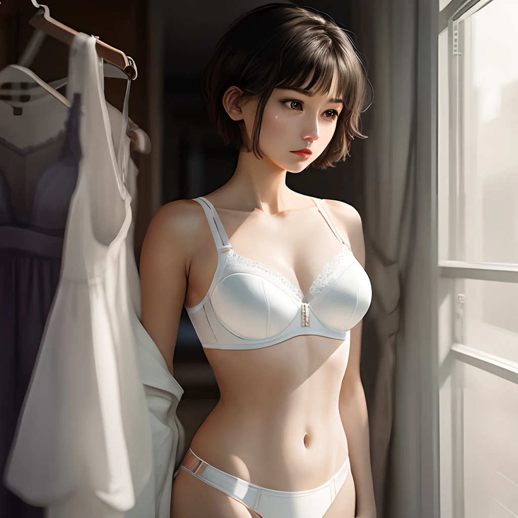 Short haired woman wearing white bra and white panties