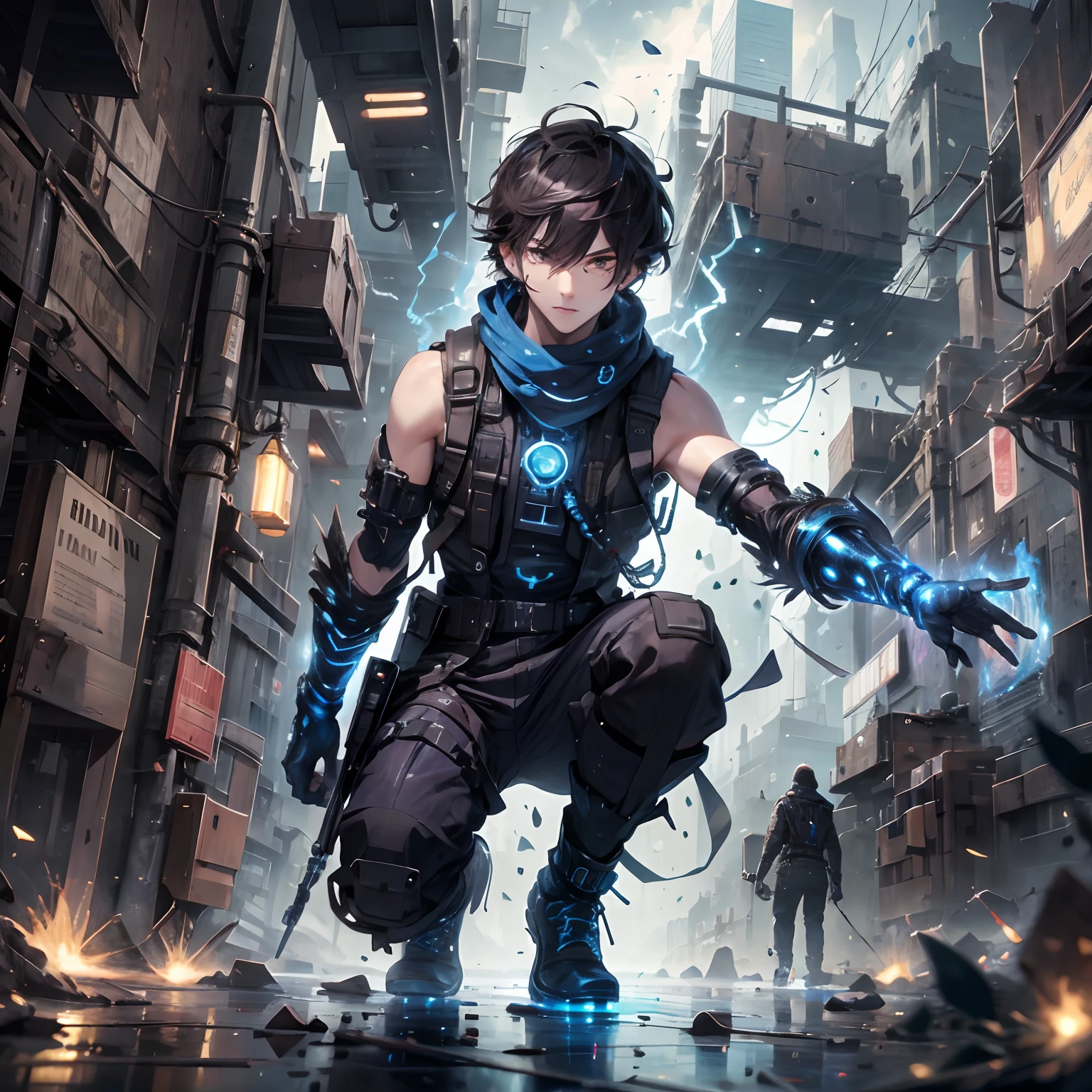 (absurdres, highres, ultra detailed), masterpiece, best quality, real light and shadow, solo, full body,a boy with dark brown hair, sleeveless outfits, handsome, bipedal, full pants,  buff, finely eye, detailed face, detailed eye, scarf, blue clothes, white clothes, gray clothes, arm braces, futuristic technology, from below, look down, futuristic earpiece,futuristic city, swirl, spark, lightning ground, superhero landing shot, BREAK, dark brown eyes
