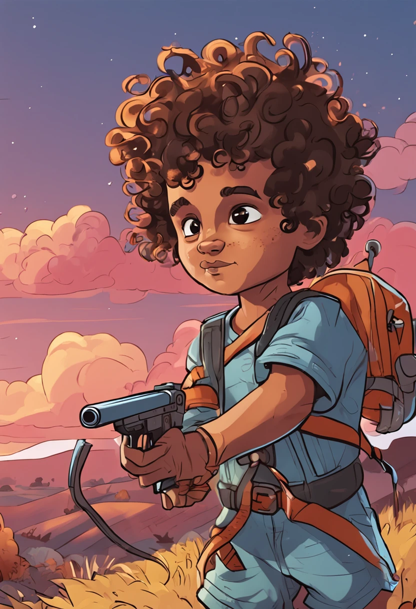 curly-haired child, estilo cartoon, segurando uma espada toda de madeira, Adventure scenario, montanhas, blue skies