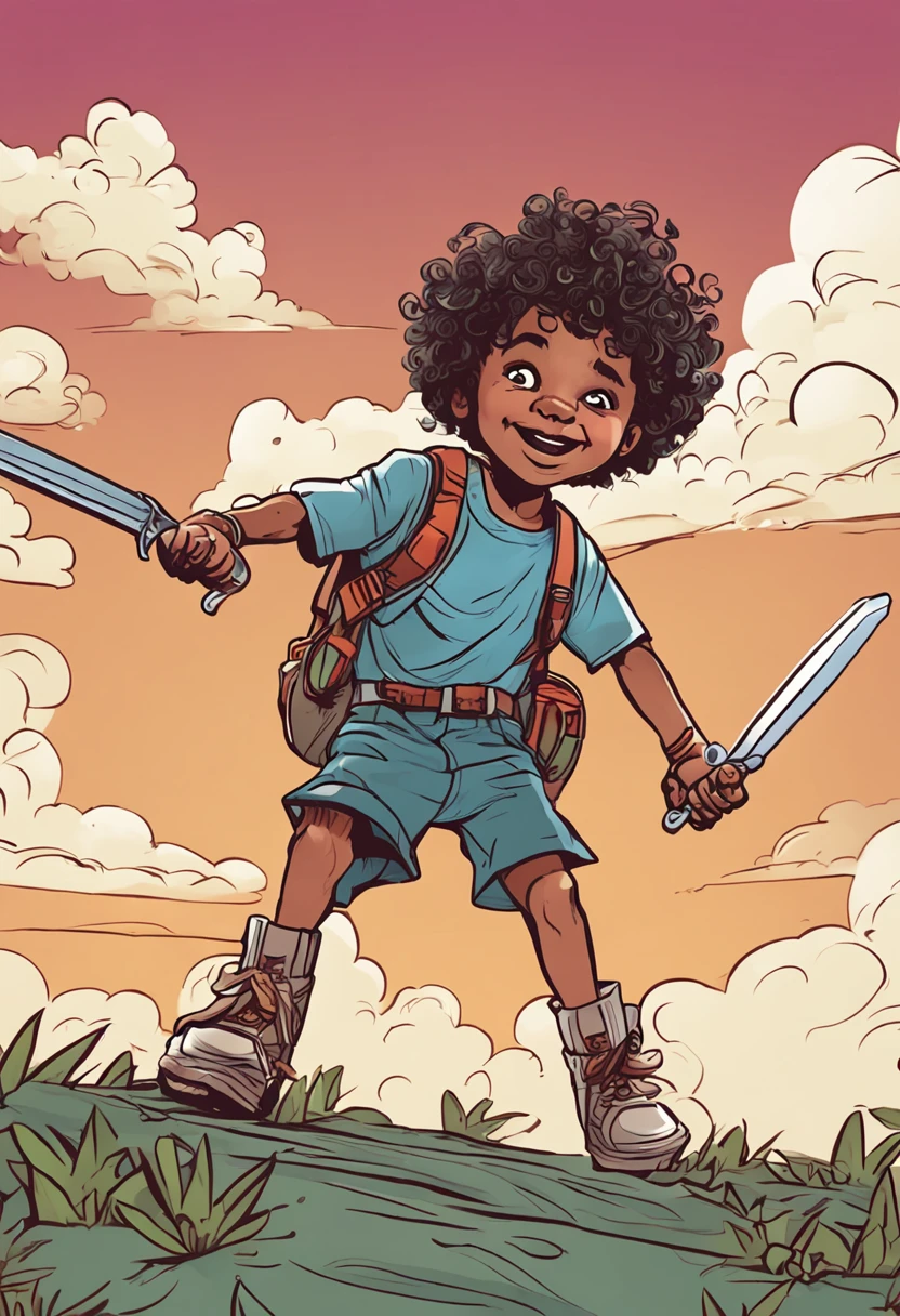 curly-haired , estilo cartoon, segurando uma espada toda de madeira, Adventure scenario, montanhas, blue skies