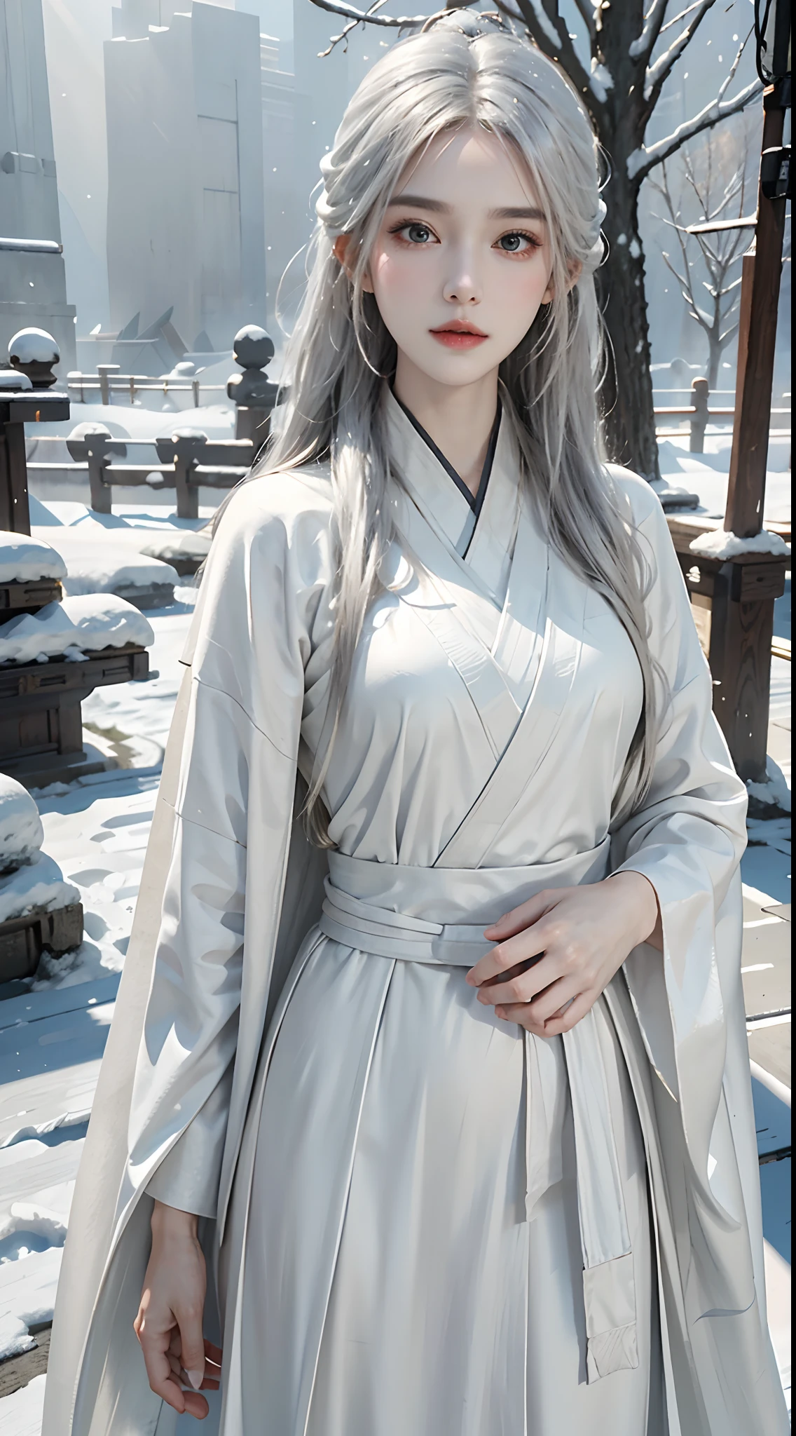 masterpiece, best quality, realistic, 8k, official art, cinematic light, ultra high res, 1girl, day, sunlight, light on face, (white hanfu), (Winter hanfu:1.2), (cloak:1.2), (snow:1.3),(upper body)
 French twist, jewelry ,necklace , Appalachian