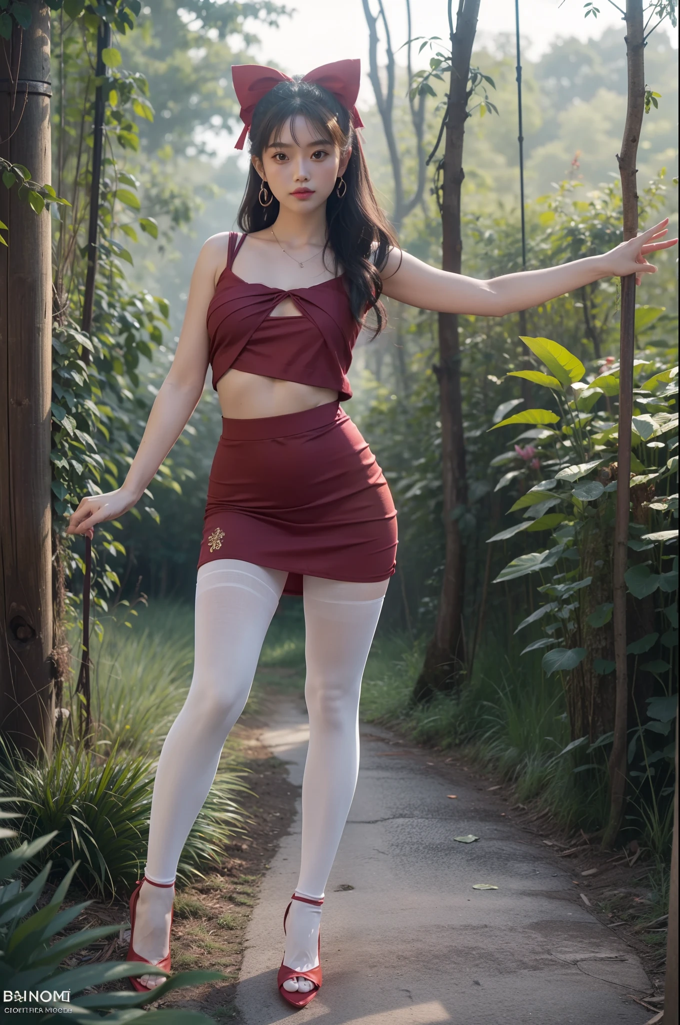 (full body:1.5)，(1girl:1.3),(view the viewer:1.4)，(anatomy correct:1.3),(Sitting in the forest dancing and dancing:1.2),(Wearing a Reimu Hakurei set:1.2),(Opaque green pantyhose:1.3),( girl pointed thick heels :1.1)，(Accurate and perfect face:1.3),(Long legs:1.3),hyper HD, Ray traching, reflective light， structurally correct, Award-Awarded, high detail, lighten shade contrast, Face lighting ，cinematic lighting, masterpiece, super detailing, high quality, high detail, best quality, 16k，High contrast,