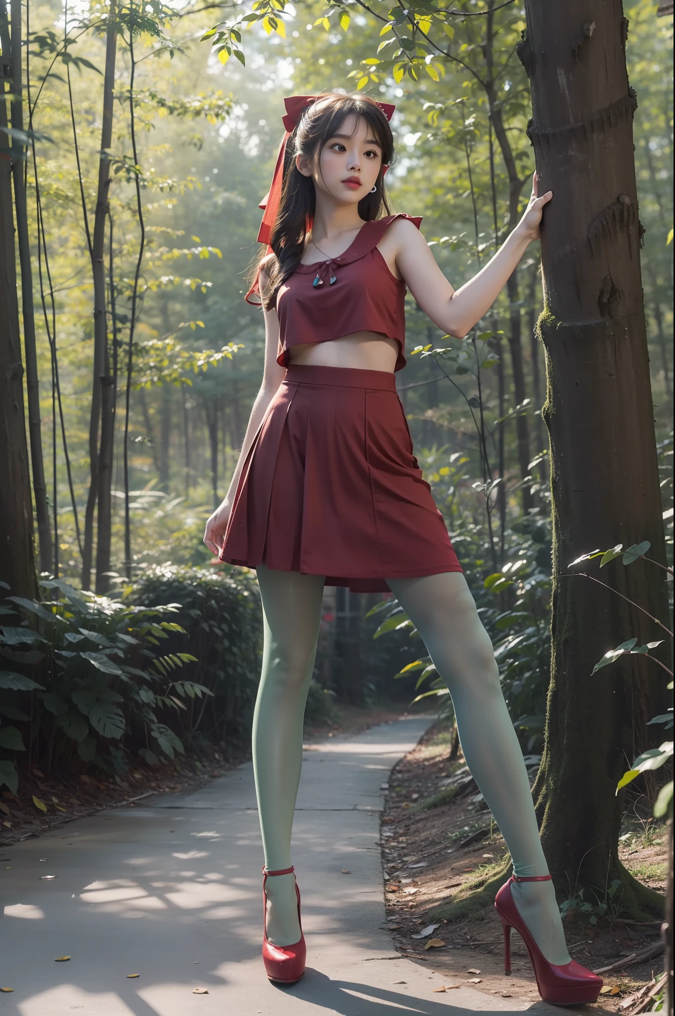 (full body:1.5)，(1girl:1.3),(view the viewer:1.4)，(anatomy correct:1.3),(Sitting in the forest dancing and dancing:1.2),(Wearing a Reimu Hakurei set:1.2),(Opaque green pantyhose:1.3),( girl pointed thick heels :1.1)，(Accurate and perfect face:1.3),(Long legs:1.3),hyper HD, Ray traching, reflective light， structurally correct, Award-Awarded, high detail, lighten shade contrast, Face lighting ，cinematic lighting, masterpiece, super detailing, high quality, high detail, best quality, 16k，High contrast,