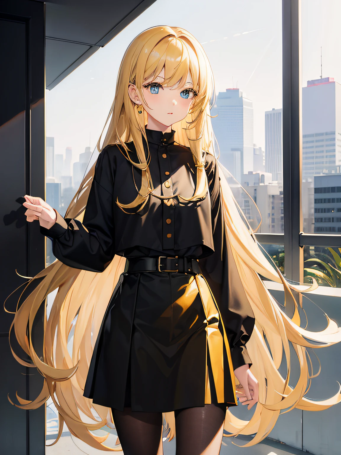 1 girl medium long hair ,blonde hair, wearing black blouse, yellow square pattern skirt, black leggins, city, high res, masterpiece