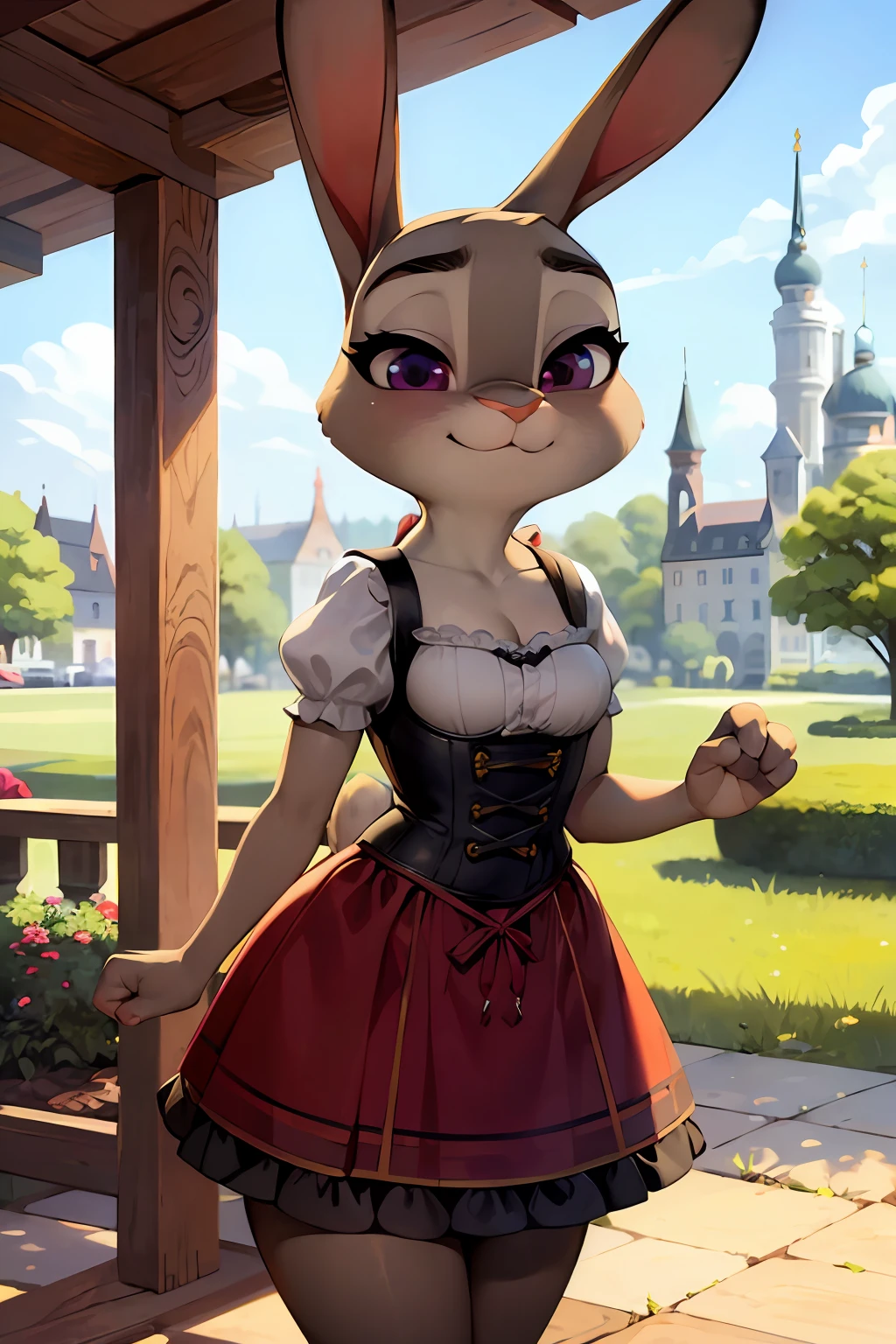 Traditional german dress, dirndl, traditional bavarian attire, tranquil garden, solitary girl, Judy Hopps, adorable face, cute expression, perfect anatomy, beautiful scenery, detailed face.