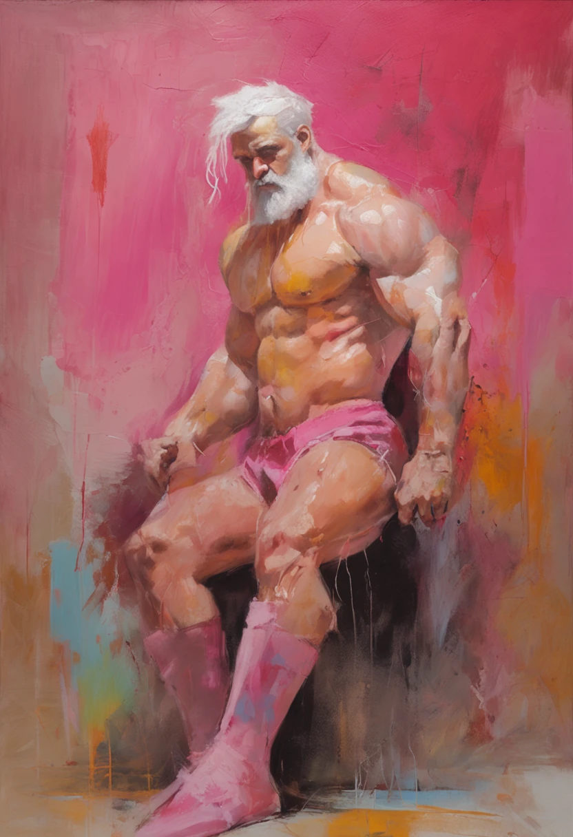 Muscular male wearing cute pink and thigh high socks, has flowing white hair, has wolf ears, has wolf tail, wearing lingerie, sweaty, is alone, solo