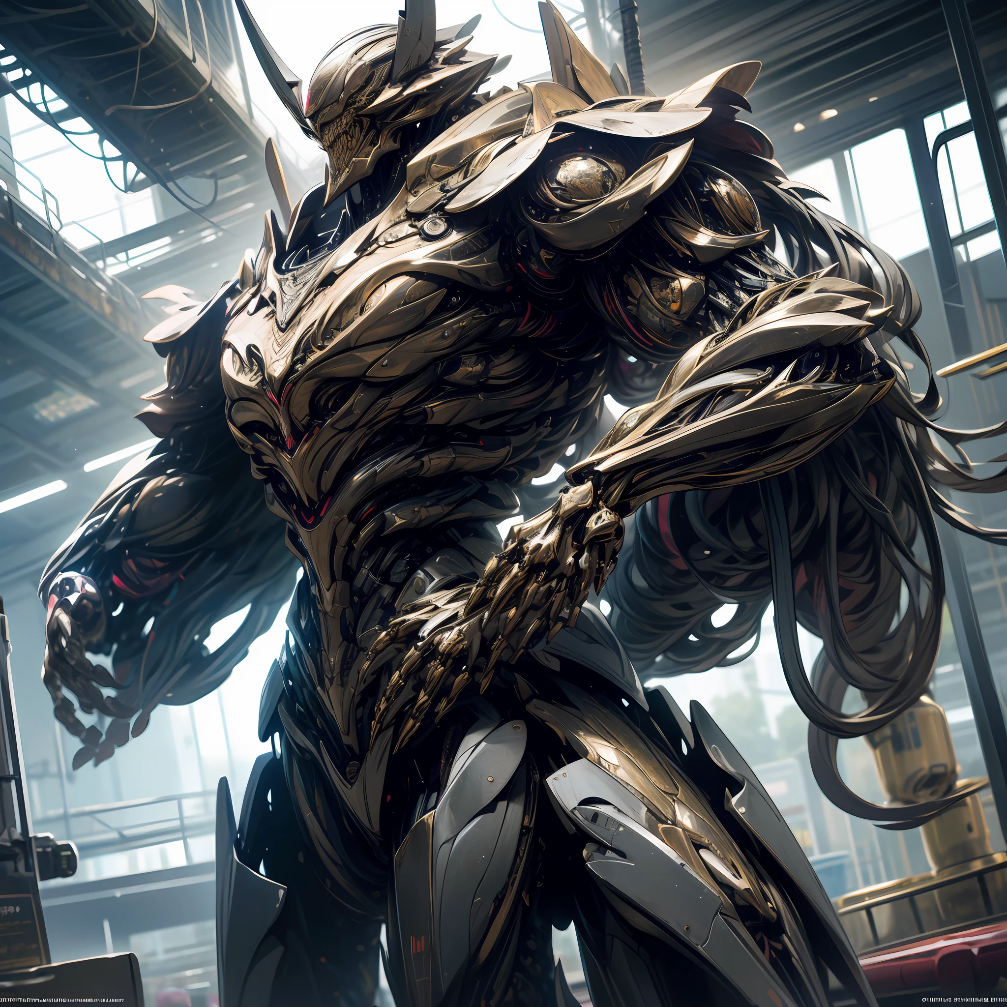 Complex 3d rendering ultra-detailed beautiful angel of death, biomechanical robot, simulated 150mm shot, beautiful natural soft edge light, crystal feathers, roots, delicate leaf lace, colorful details, Boris Bidjan Saberi clothing, pearl earrings, piercings, Art Nouveau fashion embroidery, intricate details, mesh threads, mandelbro fractals, facial muscles, cable wires, microchips, badasses, surreal, ultra-detailed, octane rendering, volumetric lighting, 8k post-production, Red and white with a touch of black, metallic skeleton details, half-human, rainbow colors, Glenn Brown style, futuristic room, power of God, high angle shooting, complex body poses