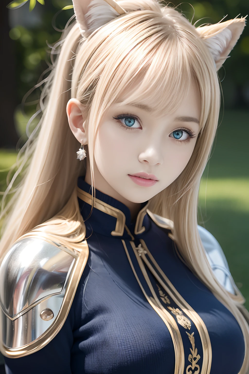 bright expression、poneyTail、Young shiny shiny white shiny skin、Best Looks、Blonde reflected light、Platinum blonde hair with dazzling highlights、shiny light hair,、Super long silky straight hair、Beautiful bangs that shine、Glowing crystal clear attractive big blue eyes、Very beautiful nice cute  girl、Lush bust,Beautiful detailed eyes, beautiful detailed nose,(( Full body:1.25)),Makeup that the eyes emphasize、((Pleated skirt with many folds)),(Women like Joan of Arc)、s Armor、Knights, With a sword and shield，Royal style，Comic style, , Sub-surface scattering, ornate detail, nature backdrop, Hyper-realistic, Cinematic, Dramatic Lighting, masutepiece、Armor with a wolf motif、((Wolf ears))、Wolf emblem、