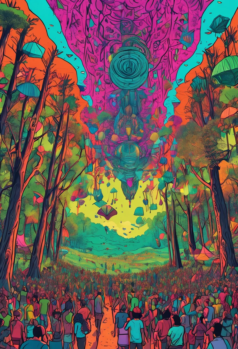 a crowd of people standing in a forest with kites hanging from the trees, rave ao ar livre, psytrance, extremely psychedelic experience, lush psychedelic pine forest, um palco de festival ao ar livre, psychedelic forest, Templo DMT, festival vibes, dmt space behind, psychedelic atmosphere, stunning arcanum backdrop, vazio do festival!, psychedelic style, whimsical and psychedelic