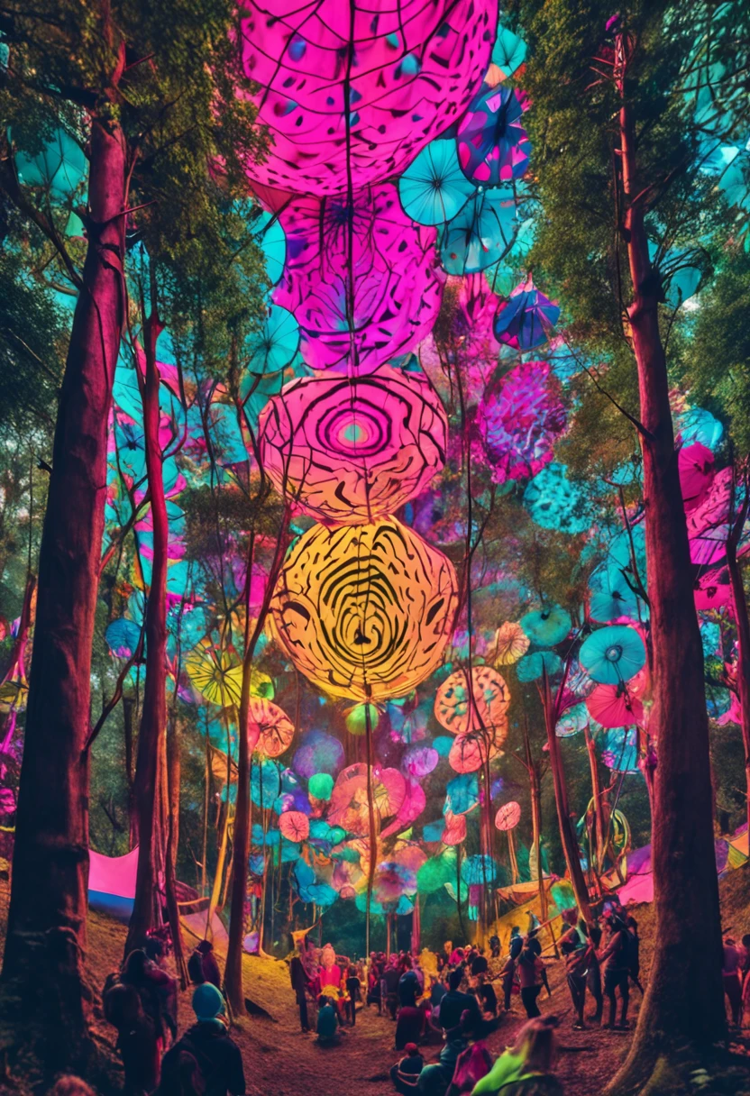 a crowd of people standing in a forest with kites hanging from the trees, rave ao ar livre, psytrance, extremely psychedelic experience, lush psychedelic pine forest, um palco de festival ao ar livre, psychedelic forest, Templo DMT, festival vibes, dmt space behind, psychedelic atmosphere, stunning arcanum backdrop, vazio do festival!, psychedelic style, whimsical and psychedelic