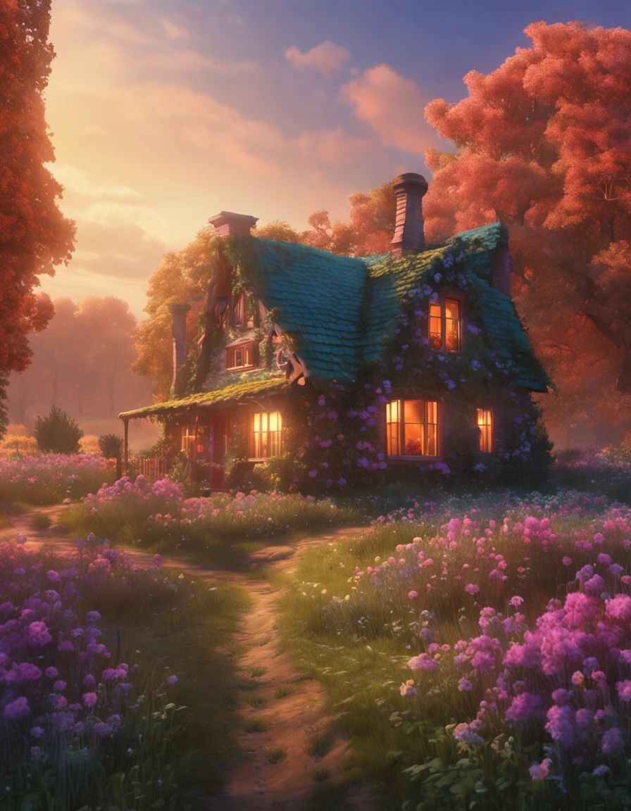 a drawing,The painting depicts a house with flowers in the middle of a field, Digital art inspired by Yevgeny Lushpin, pixabay contest winner, Fantasy art, cottagecore!!, beautiful house on a forest path, beatiful house, cottagecore, idyllic cottage, fundo de casa, Cabin in the woods, little cottage, cottage in the forest, magical scenery