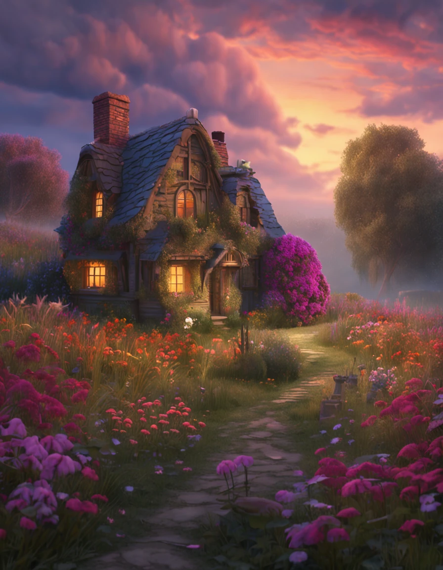 a drawing，The painting depicts a house with flowers in the middle of a field, Digital art inspired by Yevgeny Lushpin, pixabay contest winner, Fantasy art, cottagecore!!, beautiful house on a forest path, beatiful house, cottagecore, idyllic cottage, fundo de casa, Cabin in the woods, little cottage, cottage in the forest, magical scenery