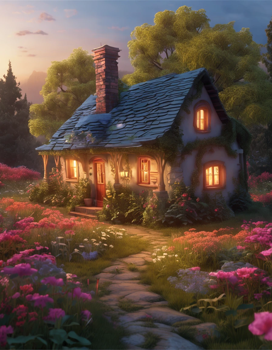 a drawing,The painting depicts a house with flowers in the middle of a field, Digital art inspired by Yevgeny Lushpin, pixabay contest winner, Fantasy art, cottagecore!!, beautiful house on a forest path, beatiful house, cottagecore, idyllic cottage, fundo de casa, Cabin in the woods, little cottage, cottage in the forest, magical scenery