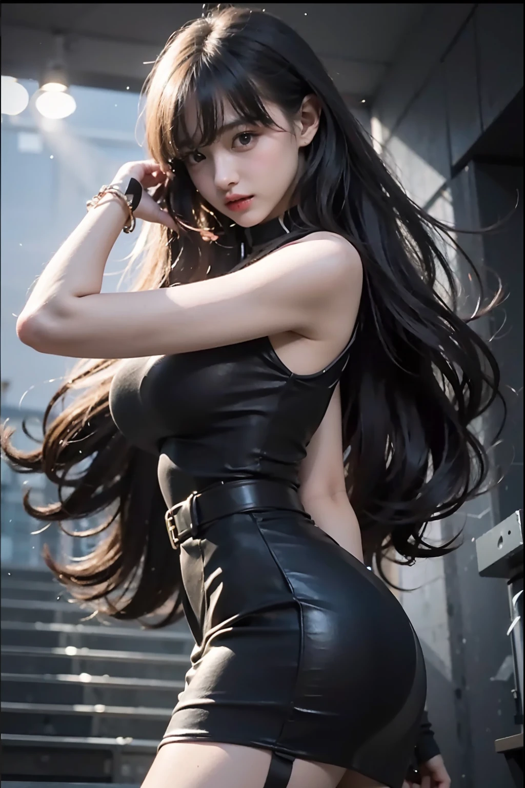 Young woman, beautiful, slim body, perfect face, Super slim body, long hair with band, galsses, naked and standing in the nightclub, sexy body, beautiful