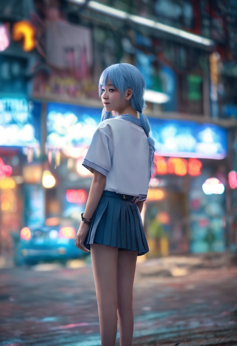"Image Quality: 8K (Best Quality Scale: 1.2), Artistic Style: Realistic, Photorealistic Factor: 1.37, Clarity: Ultra High Definition, Subject: Teenage Girl (16 yrs old) back, blue hair, neon color, Pleasant Smile, Korean white school uniform, cinematic light