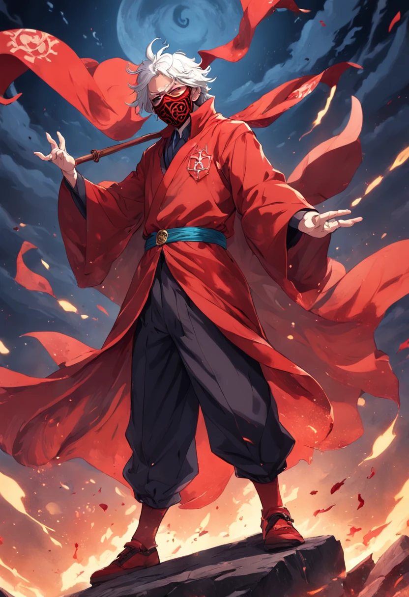 "Please create an image of the 'Red Flag' anti-hero. He is a unique and eccentric character, known for his crazy and unpredictable personality. He wears a vibrant red costume and wears a mask that completely covers his face, adding an air of mystery and anonymity. He has a red flag with abstract patterns of vibrant colors as a symbol, which reflects his chaotic nature. His special ability is the ability to create anything he can imagine by altering the reality around him. has the ability to bring objects, creatures and scenery to life from his creative mind. His fun and eccentric personality is reflected in his appearance and behavior. He is a mix of archetypes, being mainly the 'Mad' and the 'Wizard' , with a unique approach to justice, often bringing a dose of humor to the most serious of situations."