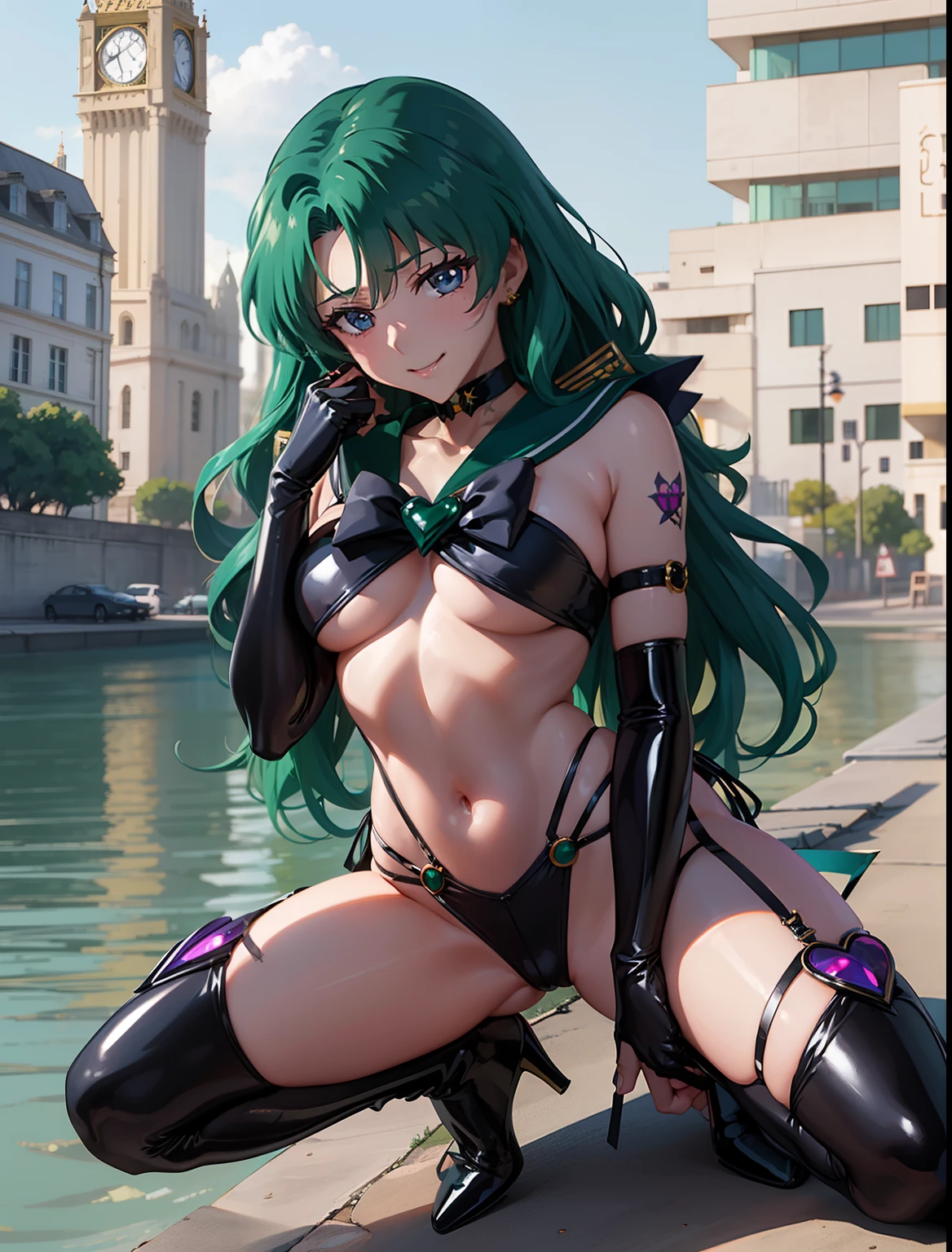 ((Beautiful girl wearing thin body stockings all over her body。Sailor Neptune Fallen to Evil。Female Solo :1.1))。((Do not show skin:1.2))。（a closeup）babydoll。Black Latex Long Gloves and Boots。Aqua-colored hair。Wavy medium hair。Ecstasy expression。Tattoo in the place of the navel。Spread your legs apart。Eyes without light 。chastity belt。(hightquality)。Shiny body。grinning evily。YandereSmile。