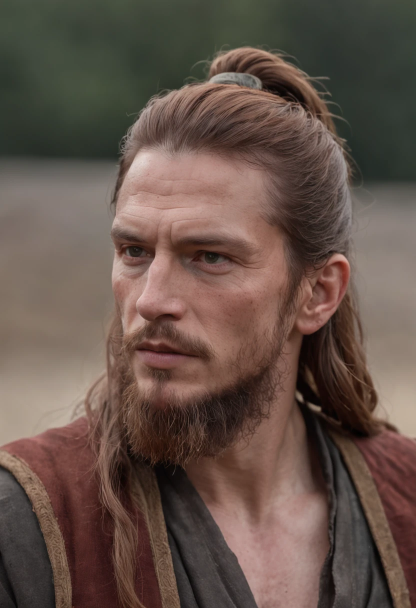 Portrait Photography, face shot of a mix between James Hébert and Ben Robson as a weathered 30 year-old man, ugly, hideous, strapping, wide shoulders, well-built, rugged, long copper rust-colored hair, hair tied in a loose ponytail, widow's peak, short but thick beard, medieval fantasy rebel leader clothes, confident expression, intense stare, in a hilly landscape, The colors are masterfully captured by Nikon D850 and a Nikon AF-S NIKKOR 70-200mm f/2.8E FL ED VR lens, Peter Jackson, fantasy, historical
