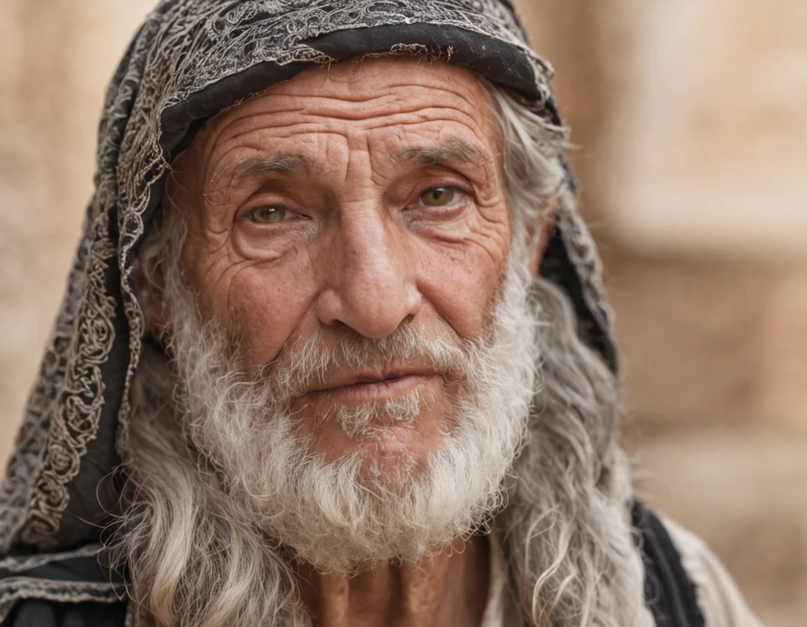 old man from the times of ancient Israel talking to a Levite in the street