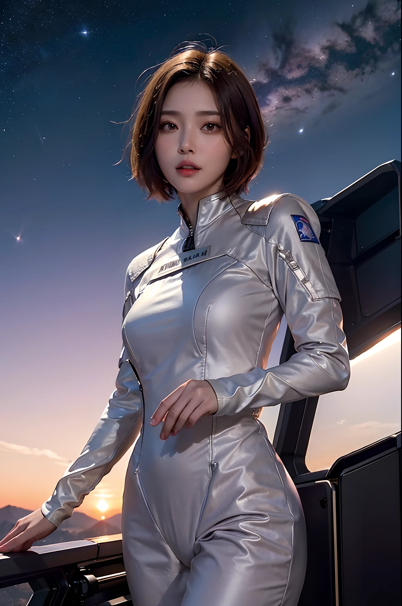 top-quality、masterpiece、超A high resolution、(realisitic:1.4)、Beautiful adult woman、Beautiful detail eyes and skin、ssmile、Light brown short-cut hair、The perfect spacesuit、spaceships、Desolate and mysterious planet、Purple Sky、UFOs flying in the sky、in isekai、