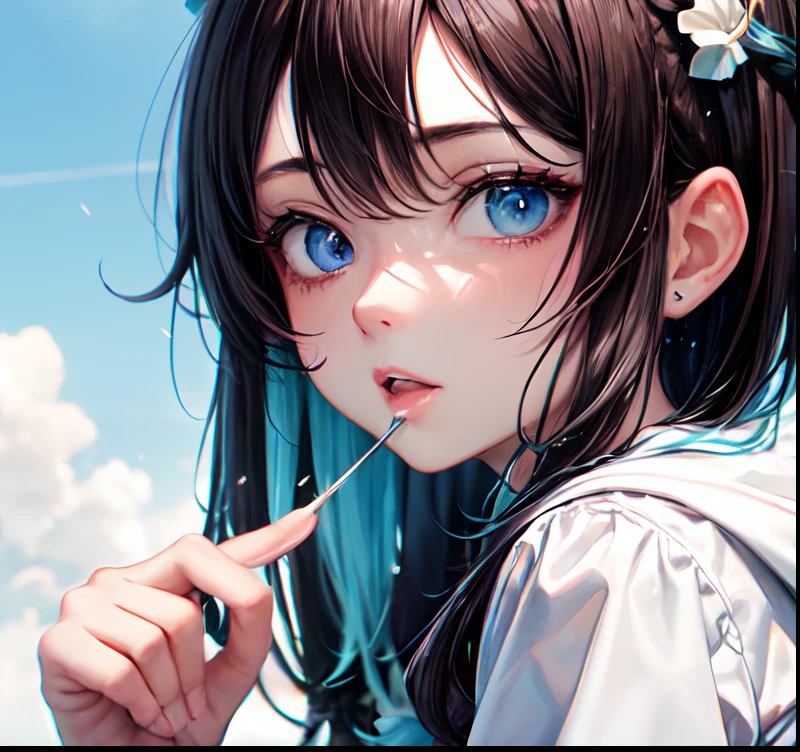 sozinho, suar, 1st grade, dente, anime, chuva, um close up de um menino com uma bolha de fala, personagem de anime com olhos pretos e azuis e um fundo branco, boca aberta, colorful manga, manga color, colorful manga, color manga panel, fundo simples, um fundo branco