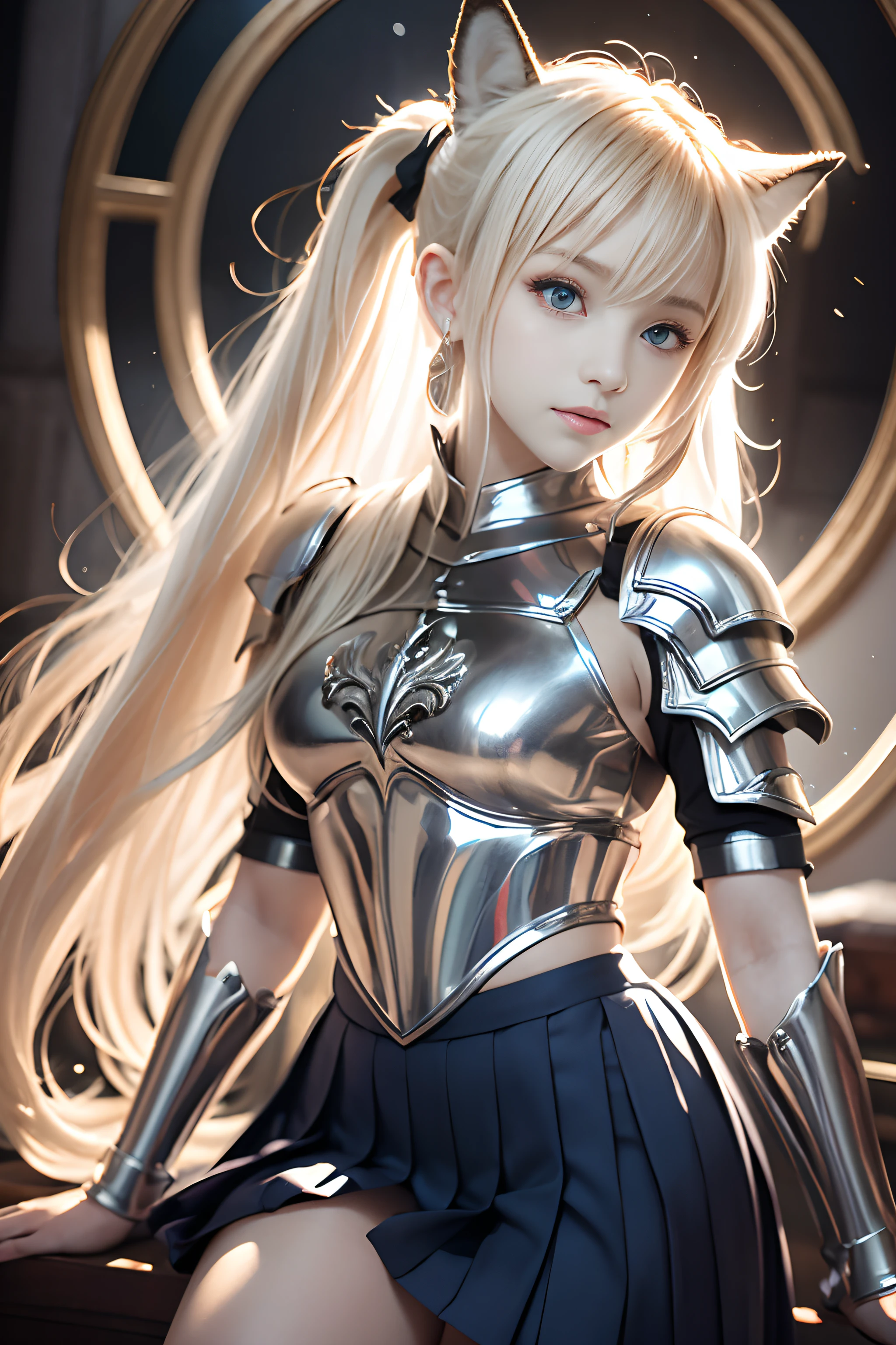 bright expression、poneyTail、Young shiny shiny white shiny skin、Best Looks、Blonde reflected light、Platinum blonde hair with dazzling highlights、shiny light hair,、Super long silky straight hair、Beautiful bangs that shine、Glowing crystal clear attractive big blue eyes、Very beautiful nice cute 16 year old girl、Lush bust,Beautiful detailed eyes, beautiful detailed nose,(( Full body:1.25)),Makeup that the eyes emphasize、((Pleated skirt with many folds)),(Women like Joan of Arc)、s Armor、Knights, With a sword and shield，Royal style，Comic style, , Sub-surface scattering, ornate detail, nature backdrop, Hyper-realistic, Cinematic, Dramatic Lighting, masutepiece、Armor with a wolf motif、((Wolf ears))、Wolf emblem、