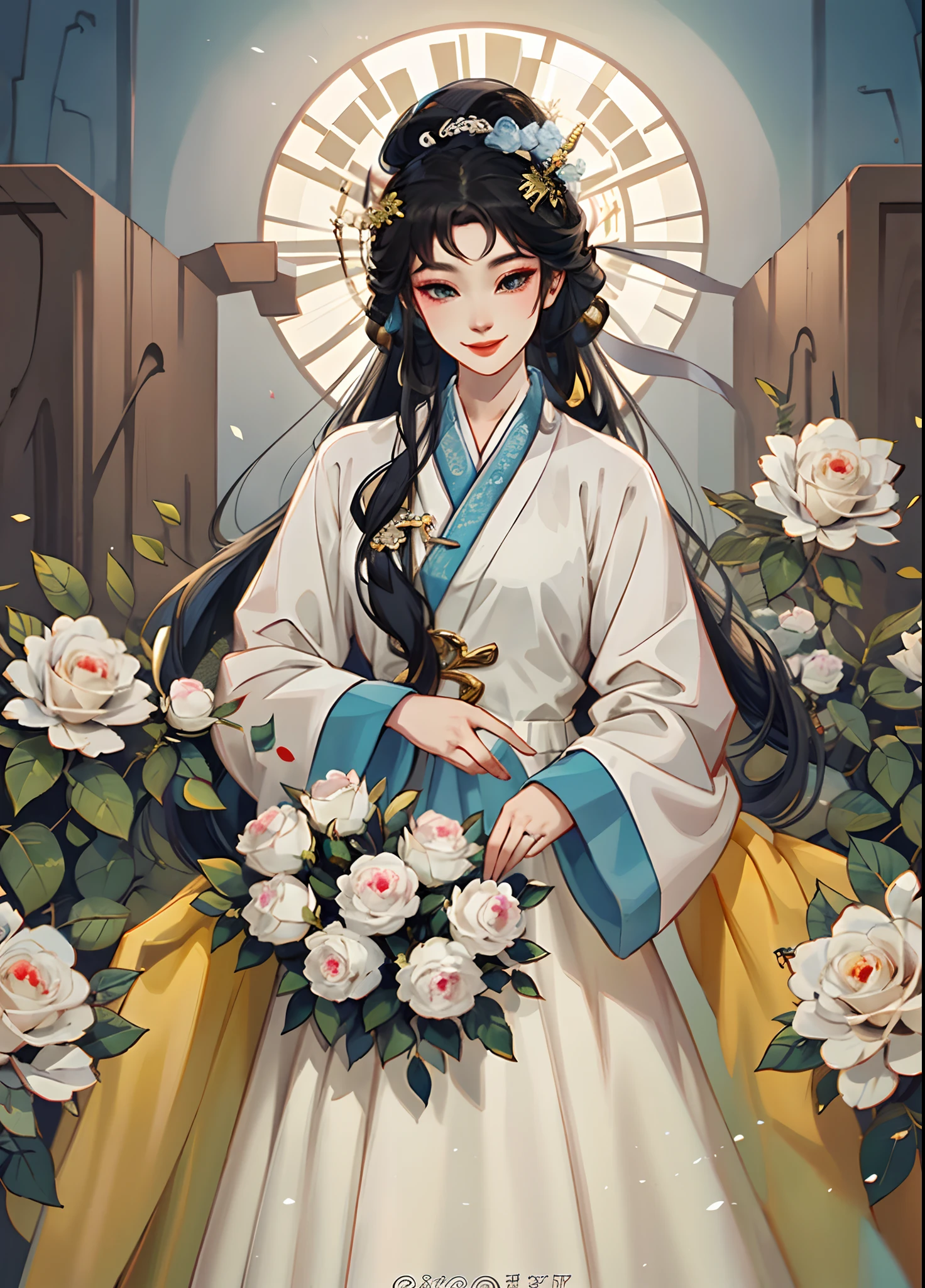 Luo Tianyi stood in the church in a wedding dress and held white roses and smiled