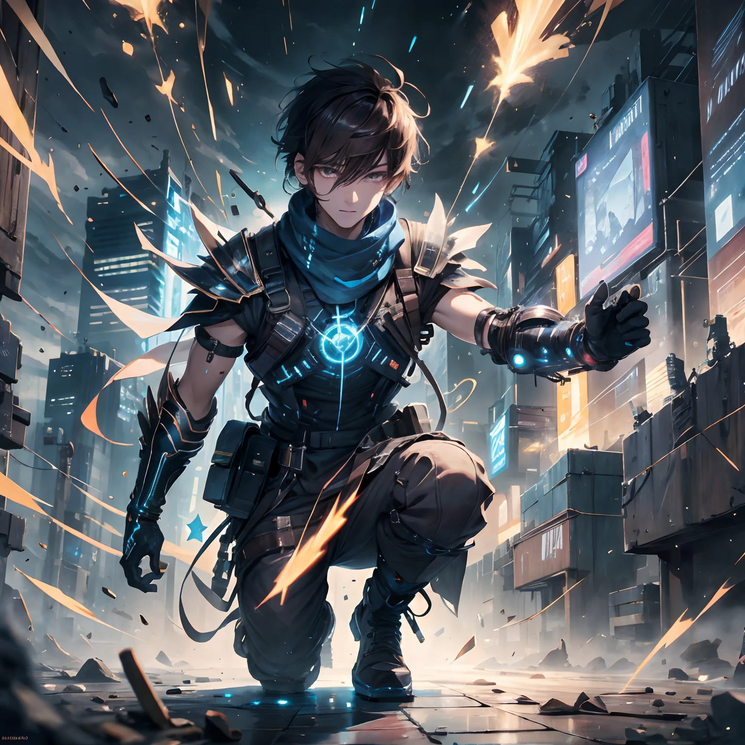(absurdres, highres, ultra detailed), masterpiece, best quality, real light and shadow, solo, full body,a boy with dark brown hair, sleeveless outfits, handsome, bipedal, full pants, white clothes, buff, finely eye, detailed face, detailed eye, scarf, blue clothes, white clothes, arm braces, futuristic technology, from below, look down, futuristic earpiece,futuristic city, swirl, spark, lightning sparks, lightning, superhero landing shot, BREAK, dark brown eyes
