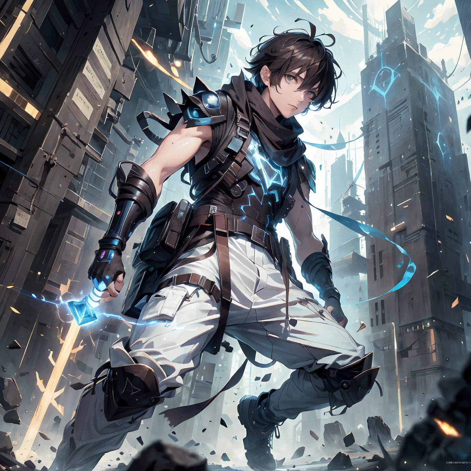 (absurdres, highres, ultra detailed), masterpiece, best quality, real light and shadow, solo, full body,a boy with dark brown hair, sleeveless outfits, handsome, bipedal, full pants, white clothes, buff, finely eye, detailed face, detailed eye, scarf, blue clothes, white clothes, arm braces, futuristic technology, from below, look down, futuristic earpiece,futuristic city, swirl, spark, lightning sparks, lightning, superhero landing shot, BREAK, dark brown eyes