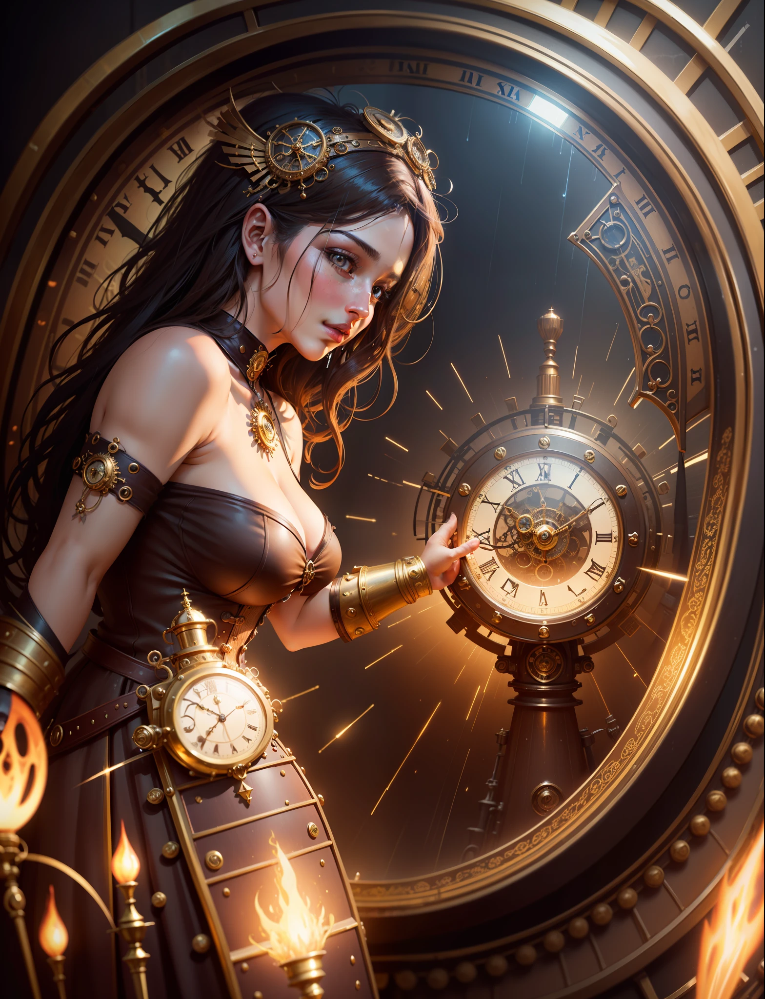 oilpainting style, high quality steampunk portrait of the woman called Goddess Time with a clock , amazing background, dripping sparks, rain, sharp focus, clear, vibrant, denoised, intricately detailed, amazing clock, 8k, steampunk clock render engine, oil painting, ,HZ Steampunk,dashataran, 3d style standing , sensual and erotic, front view, with a large and erotic sex, nude, full body, front view
