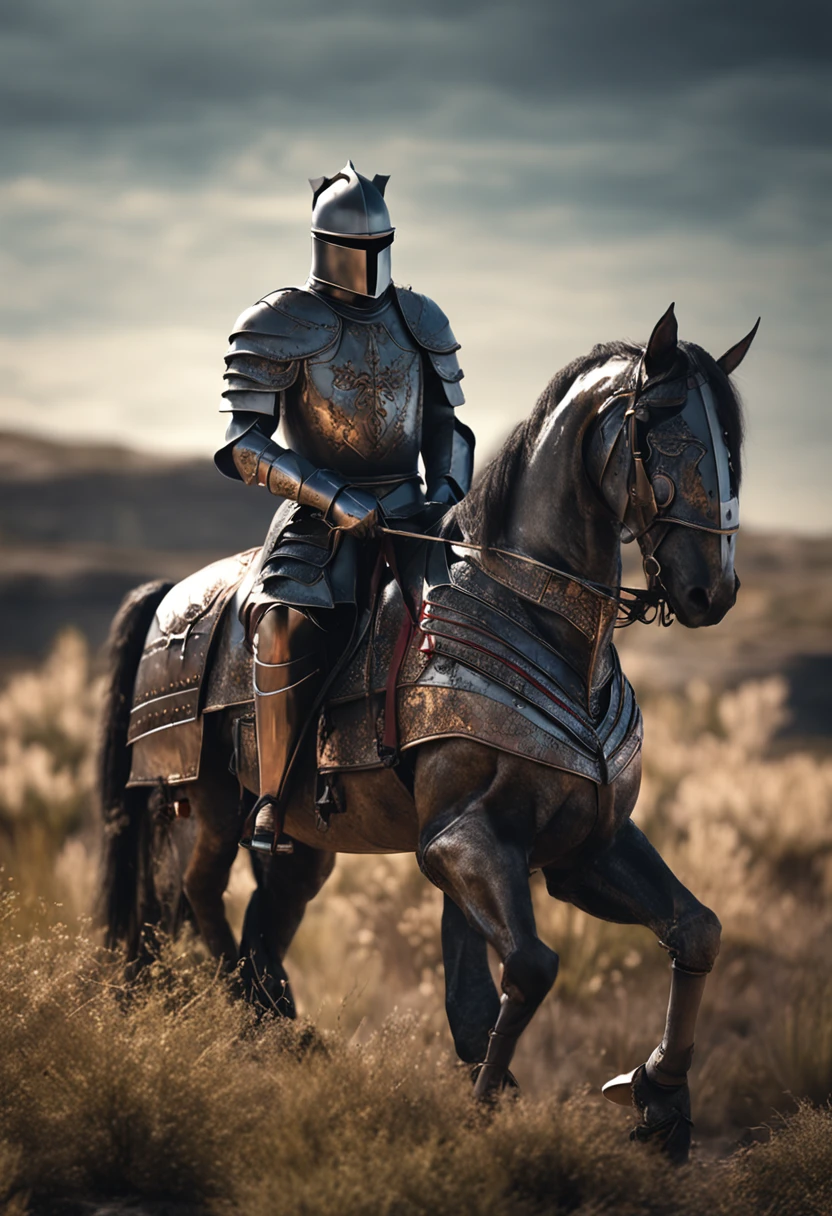 (Solemn royal knight),armor，ride horse，The neatness of the formation is neatly arranged,borgar，The foreground is a tiny flower，Blurred front shadow，depth of fields，tmasterpiece，Light and shadow effects，Movie special effects