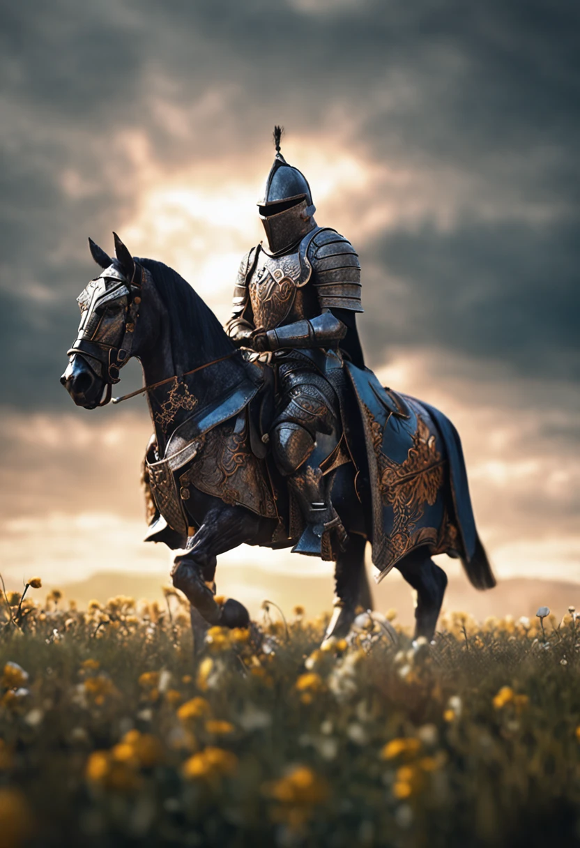 (Solemn royal knight),armor,ride horse,The neatness of the formation is neatly arranged,borgar,The foreground is a tiny flower,Blurred front shadow,depth of fields,tmasterpiece,Light and shadow effects,Movie special effects