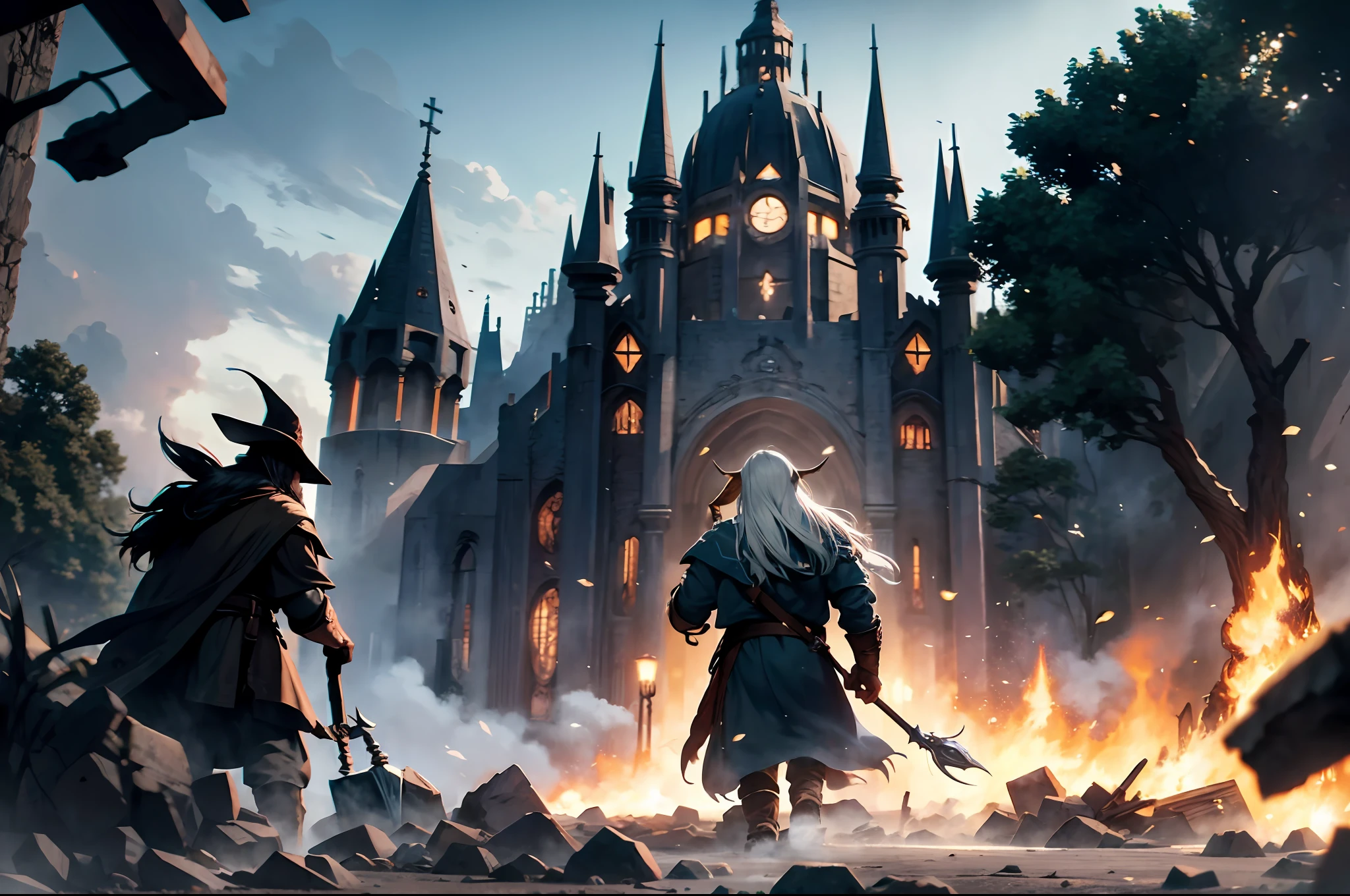decenas de orcos estan atacando un pueblo  gandalf defiende el pueblo con poderes magicos