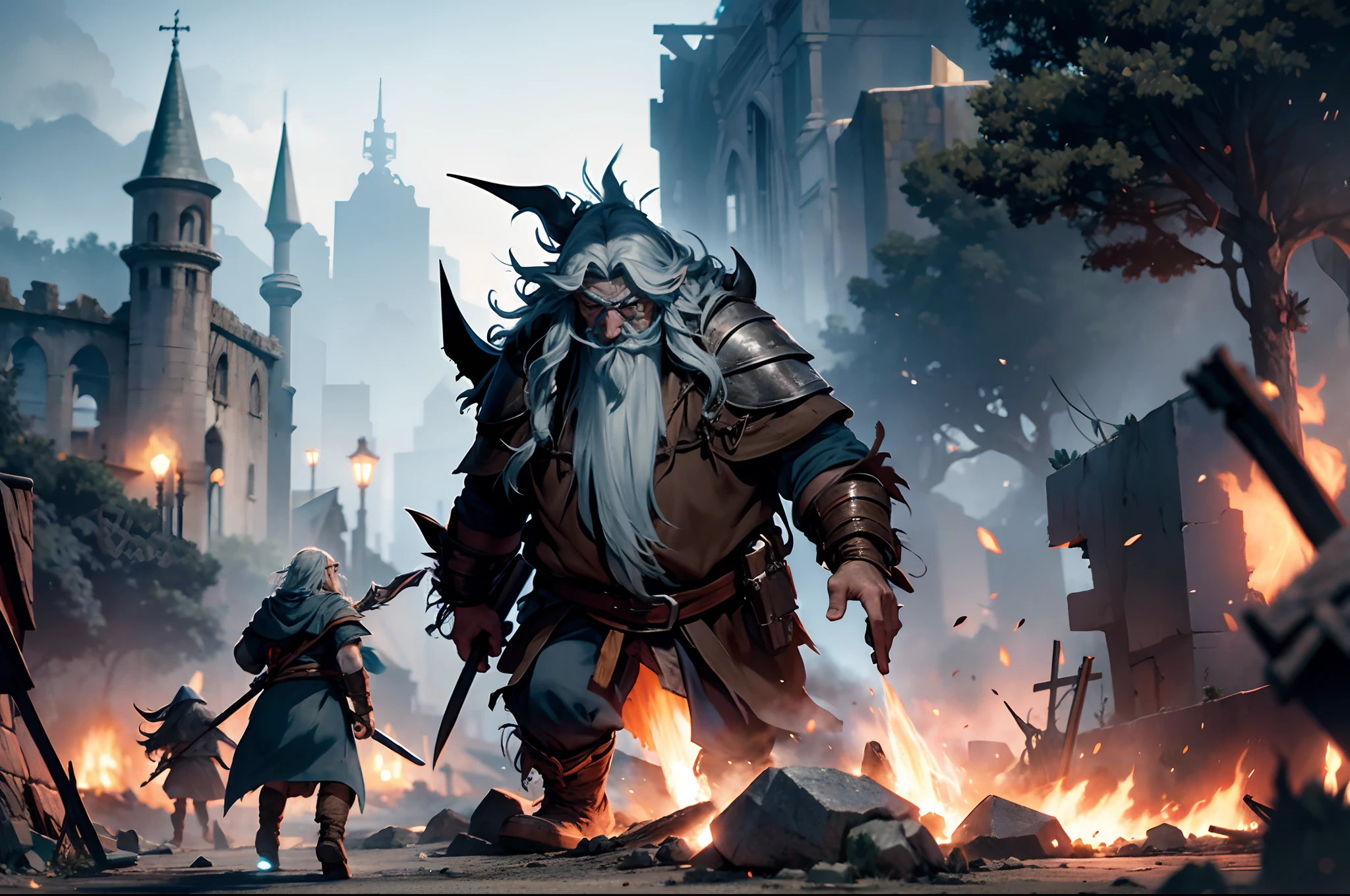 decenas de orcos estan atacando un pueblo gandalf defiende el pueblo con poderes magicos