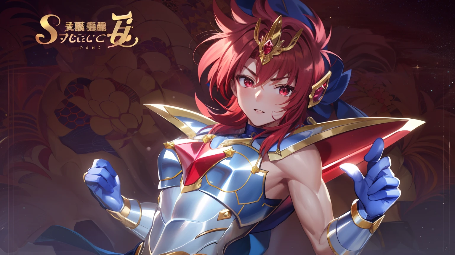Close-up of a costumed man holding a sword, Knight of Zodiac Boy, Portrait Knight of Zodiac Boy, Boy with short red hair, Boy with brown eyes, Muscular men, Shining ruby armor, Dress Armor Boy, Galactic Prince, Hymns to the King as a Prince, Anime style, Magical Boy Anime Mahou Shōnen, Prince of Ruby
