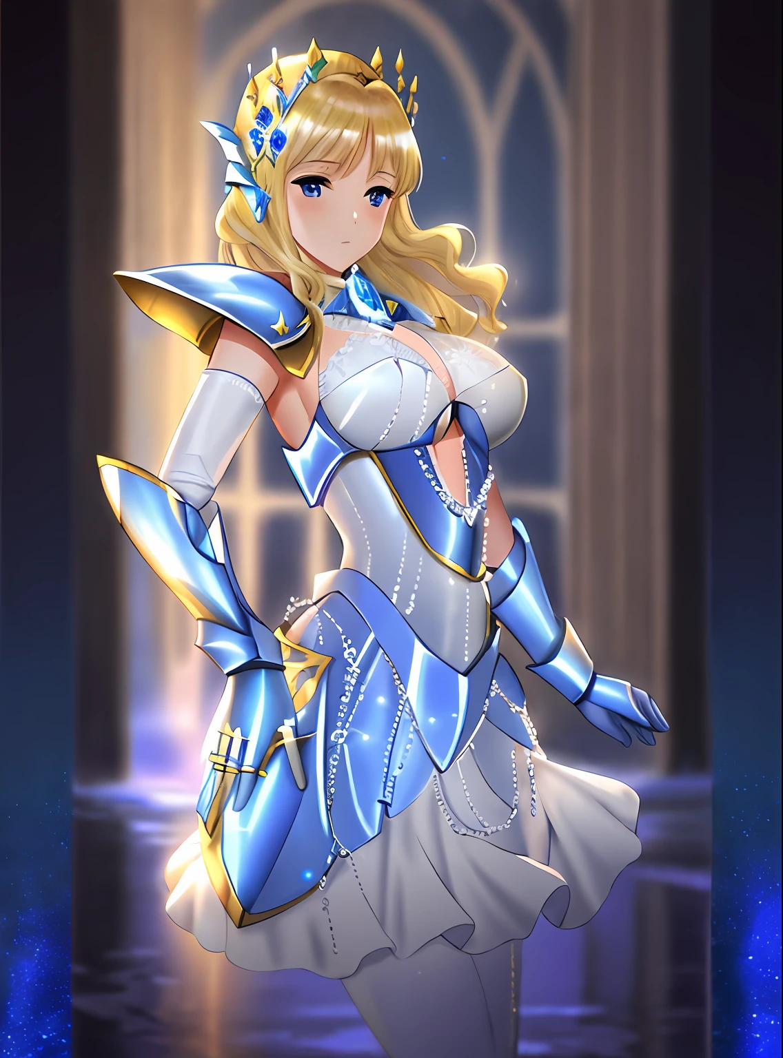 Woman in white dress and gloves standing in water, a blonde girl, knights of zodiac girl, portrait knights of zodiac girl, In sapphire armor, oppai, huge , with large breDressed in light armor, Dress Armor Girl, glossy white armor, Glossy sapphire armor, princess intergalactica, Ice Crystal Armor, Sapphire Princess, sliver ice color reflected armor, pale blue armor