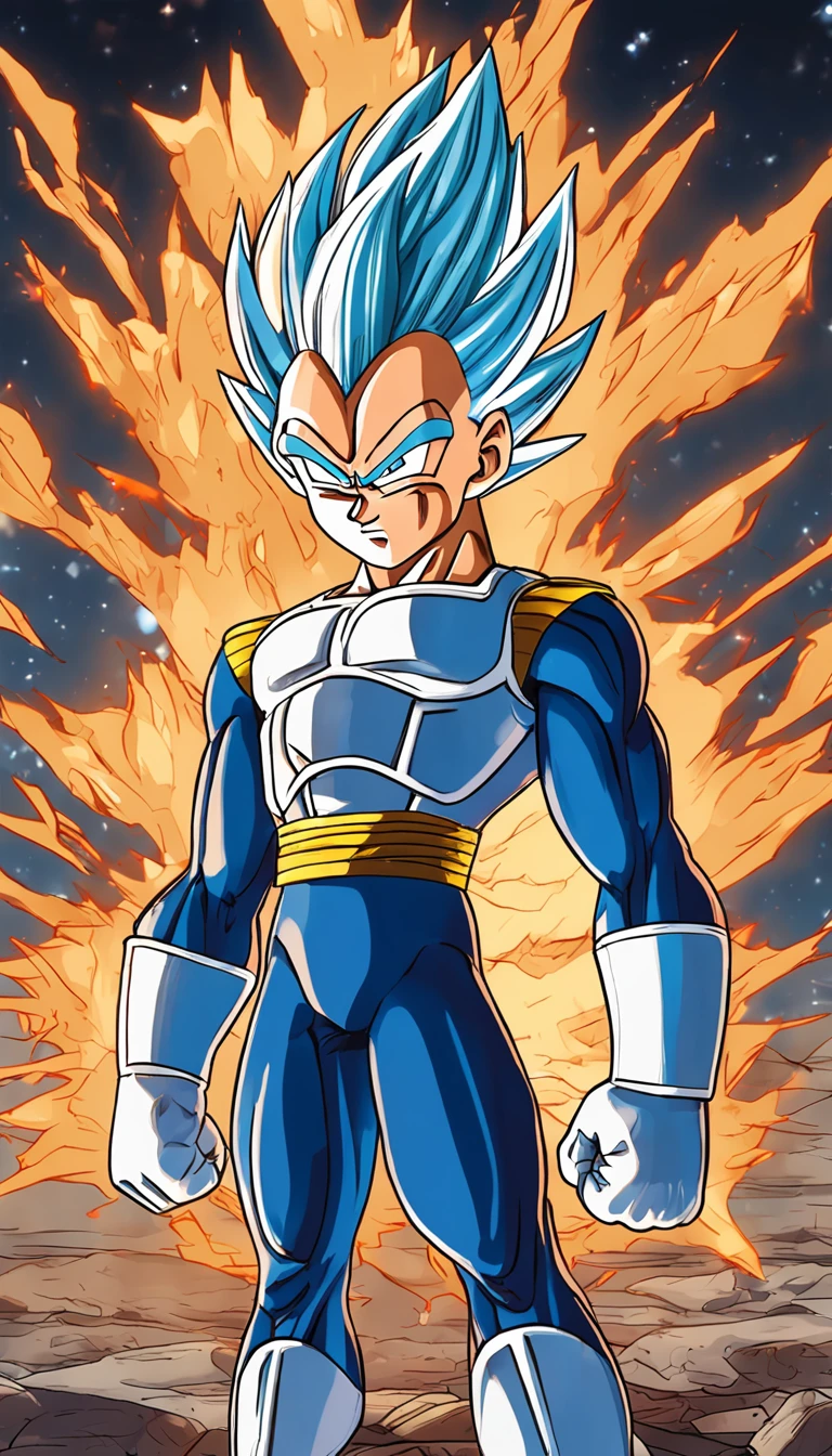 Child Vegeta as Super Sayajin , roupa azul do vegeta , estilo anime , Scenery with Nocturnal Destruction , (( imagem sem deformidades)) , best resolution , melhor qualidade , olhar fixo , obra prima